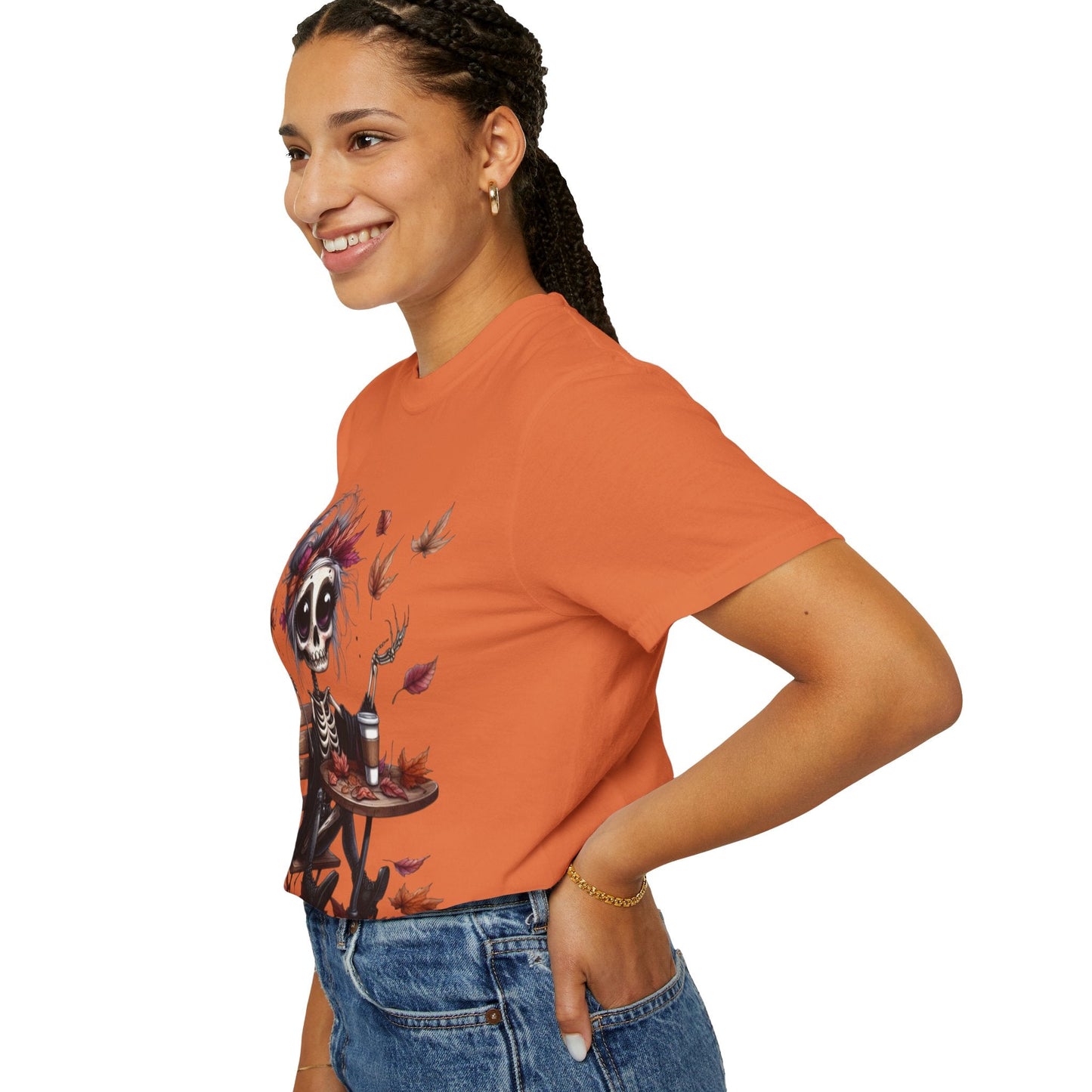 Autumn Vibe Skeleton Tee, Unisex Garment - Dyed T-shirt, Halloween Shirt, Fall Apparel, Skull Graphic Tee, Everyday Casual Wear - Metamorphosis Creations