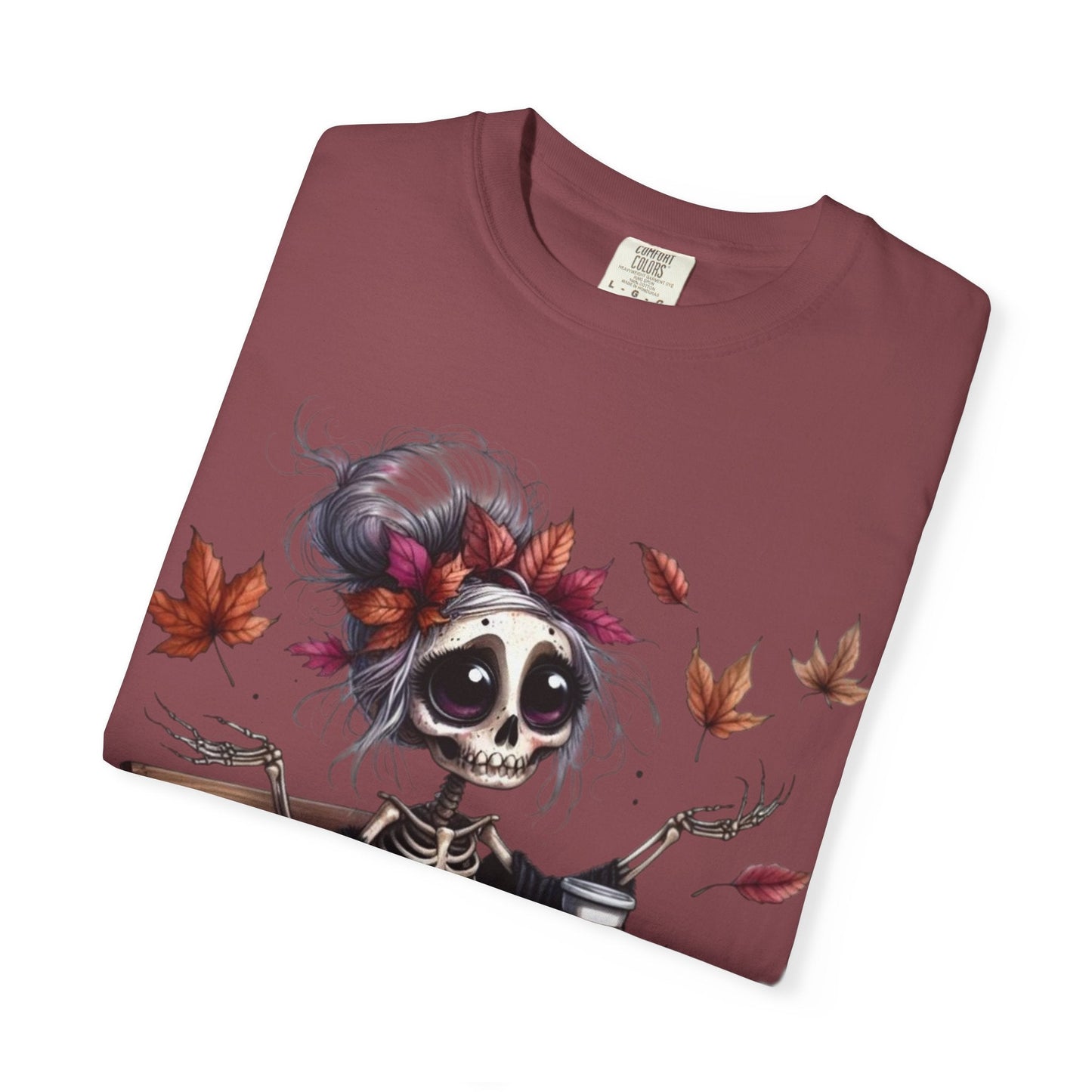 Autumn Vibe Skeleton Tee, Unisex Garment - Dyed T-shirt, Halloween Shirt, Fall Apparel, Skull Graphic Tee, Everyday Casual Wear - Metamorphosis Creations