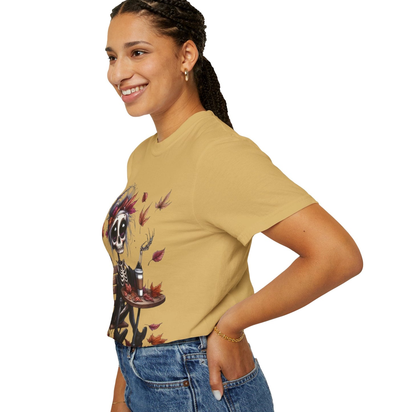Autumn Vibe Skeleton Tee, Unisex Garment - Dyed T-shirt, Halloween Shirt, Fall Apparel, Skull Graphic Tee, Everyday Casual Wear - Metamorphosis Creations