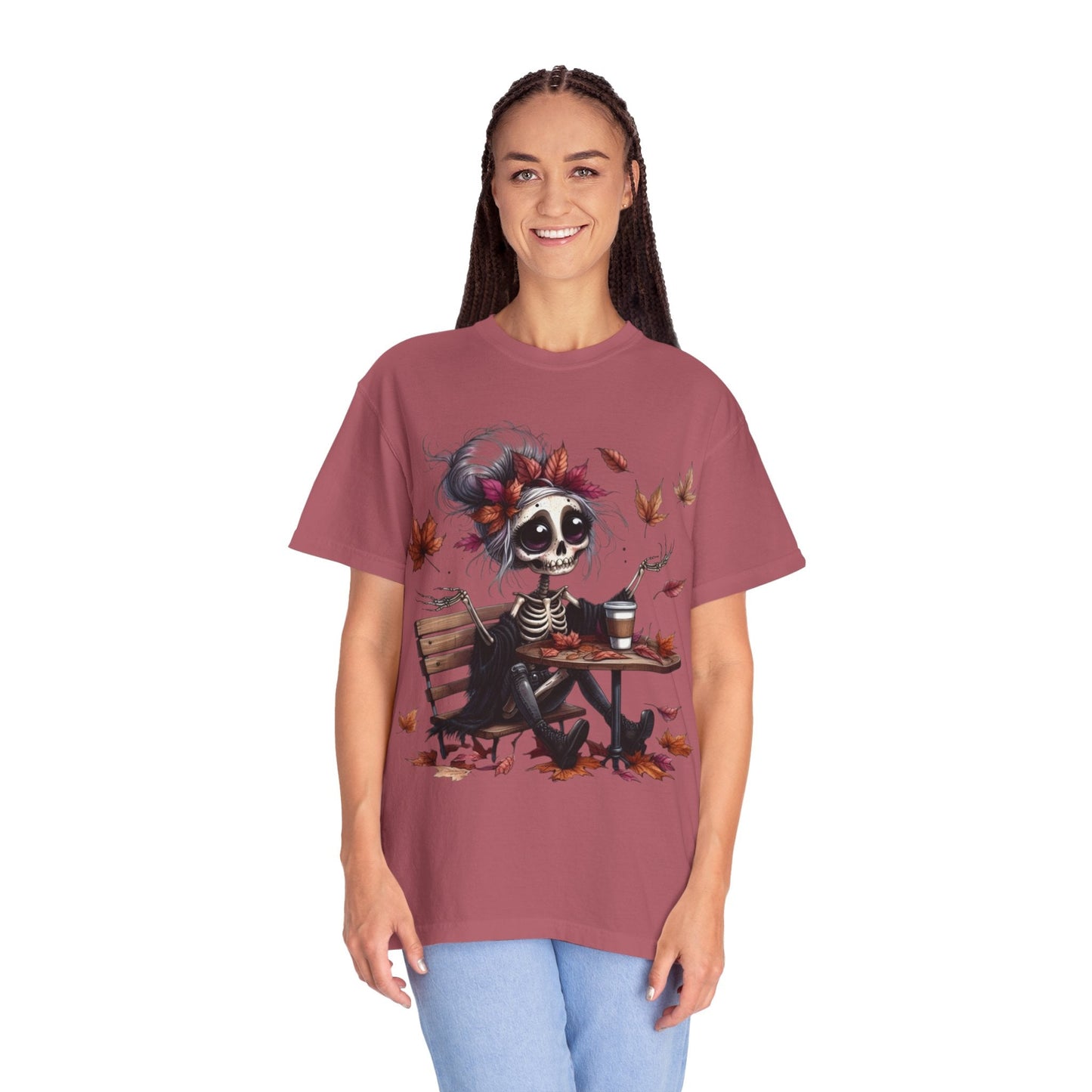 Autumn Vibe Skeleton Tee, Unisex Garment - Dyed T-shirt, Halloween Shirt, Fall Apparel, Skull Graphic Tee, Everyday Casual Wear - Metamorphosis Creations