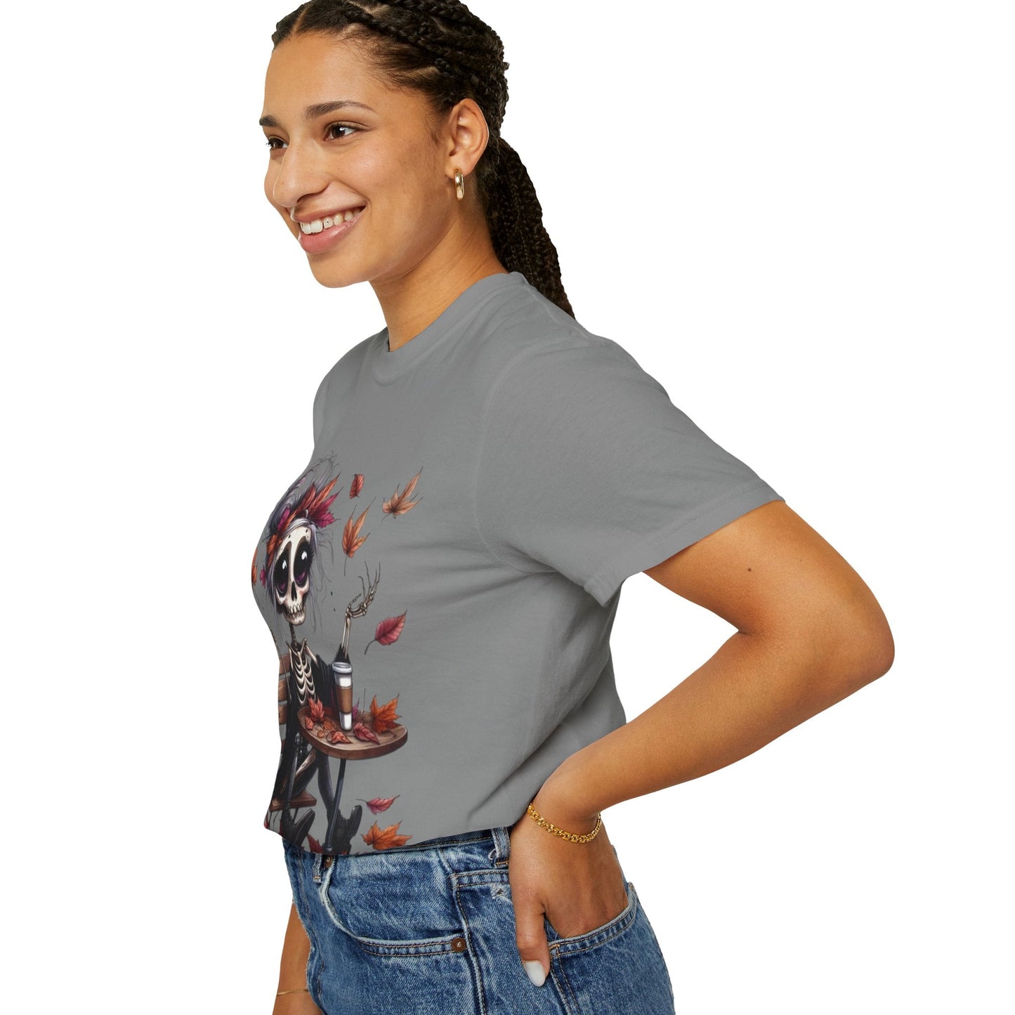 Autumn Vibe Skeleton Tee, Unisex Garment - Dyed T-shirt, Halloween Shirt, Fall Apparel, Skull Graphic Tee, Everyday Casual Wear - Metamorphosis Creations