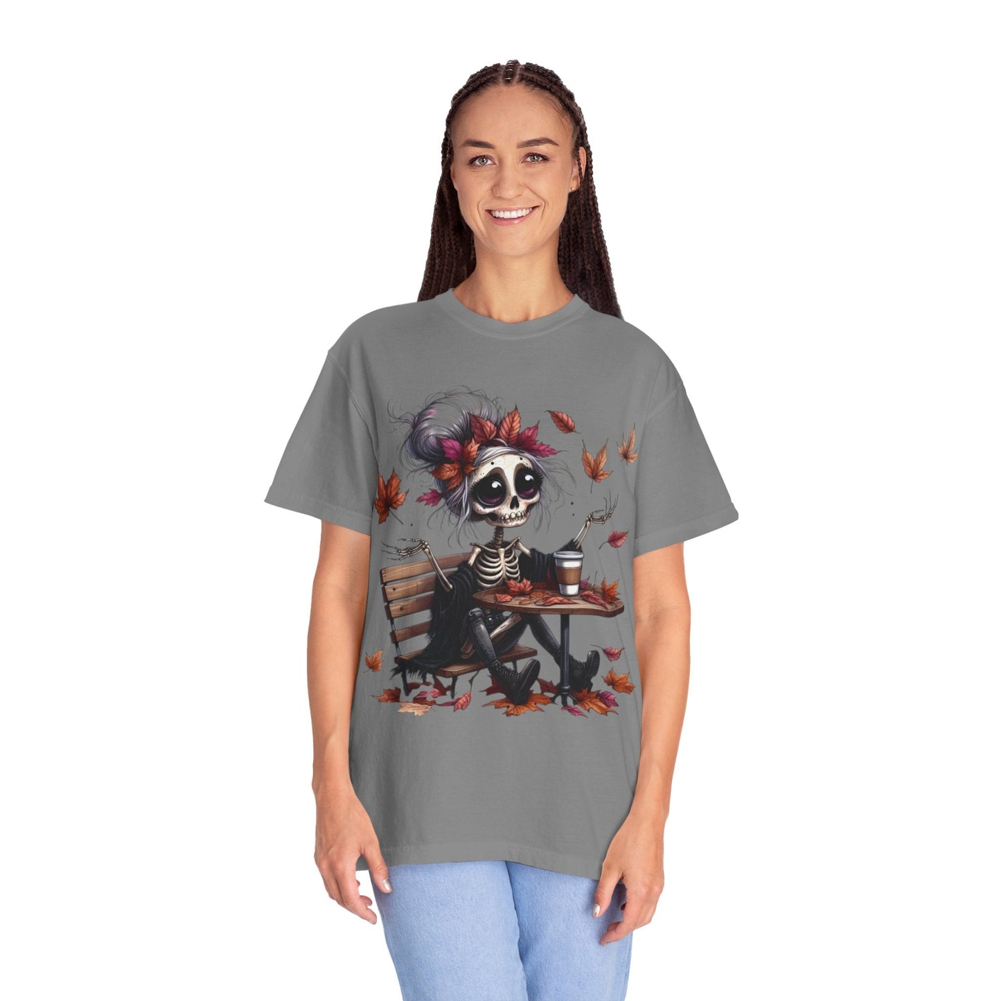 Autumn Vibe Skeleton Tee, Unisex Garment - Dyed T-shirt, Halloween Shirt, Fall Apparel, Skull Graphic Tee, Everyday Casual Wear - Metamorphosis Creations