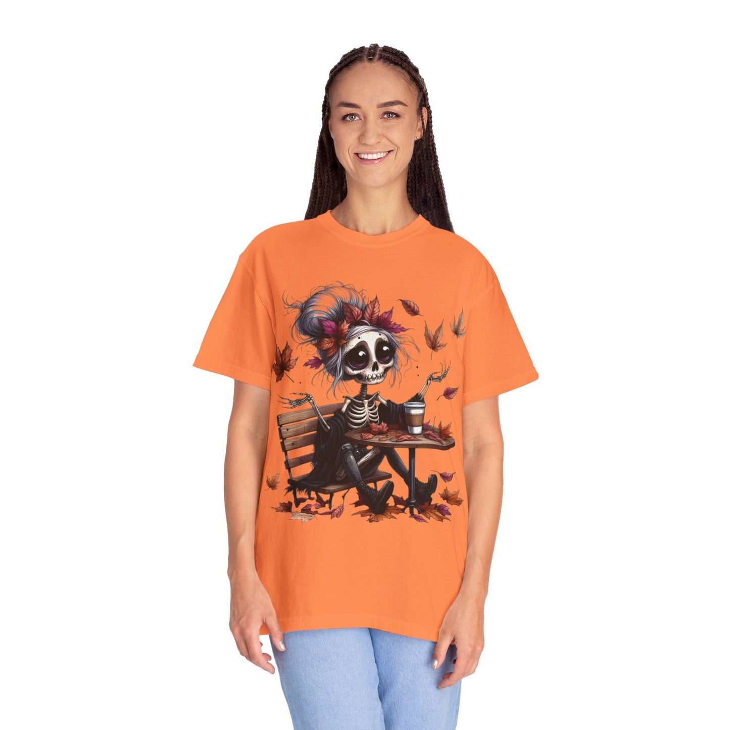 Autumn Vibe Skeleton Tee, Unisex Garment - Dyed T-shirt, Halloween Shirt, Fall Apparel, Skull Graphic Tee, Everyday Casual Wear - Metamorphosis Creations