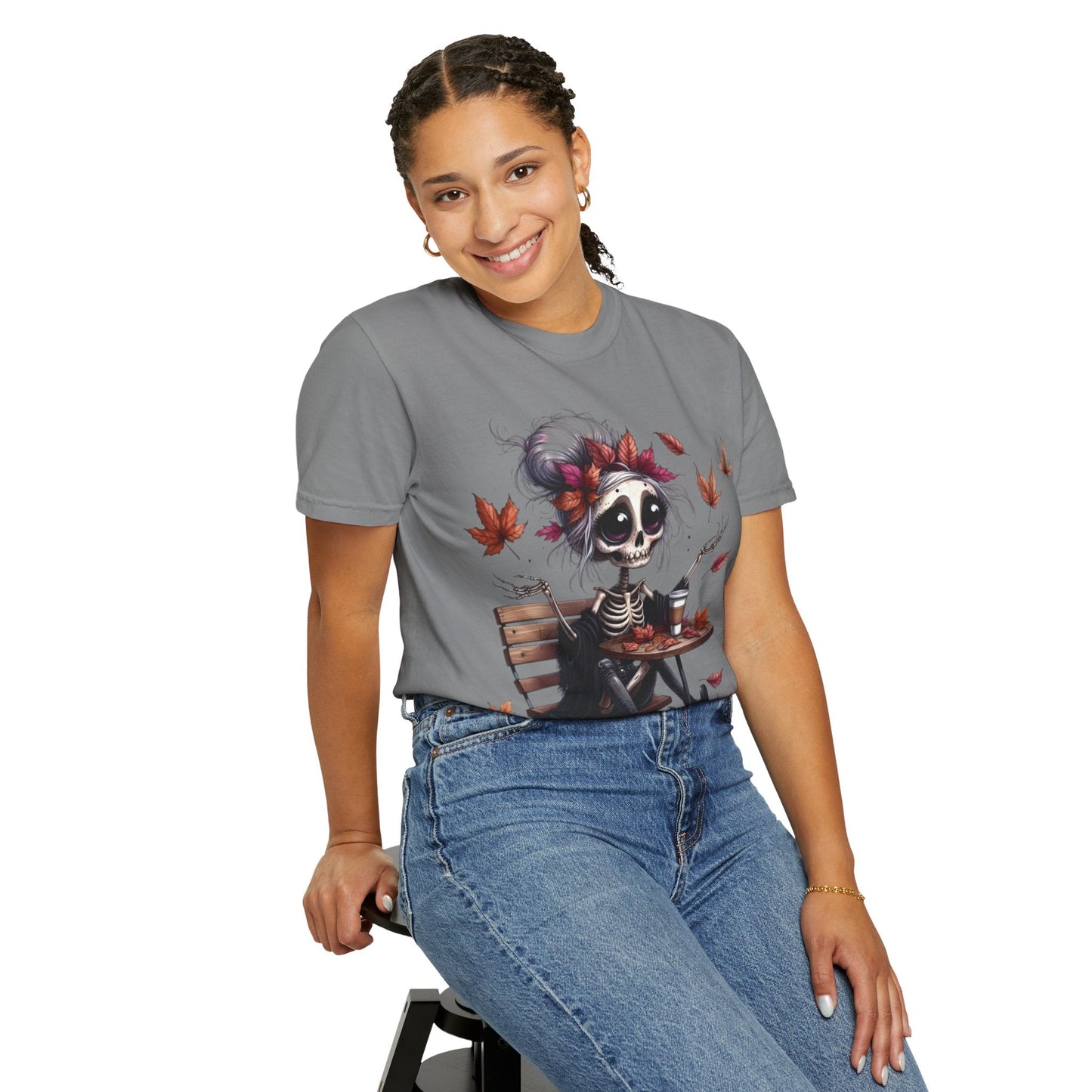 Autumn Vibe Skeleton Tee, Unisex Garment - Dyed T-shirt, Halloween Shirt, Fall Apparel, Skull Graphic Tee, Everyday Casual Wear - Metamorphosis Creations
