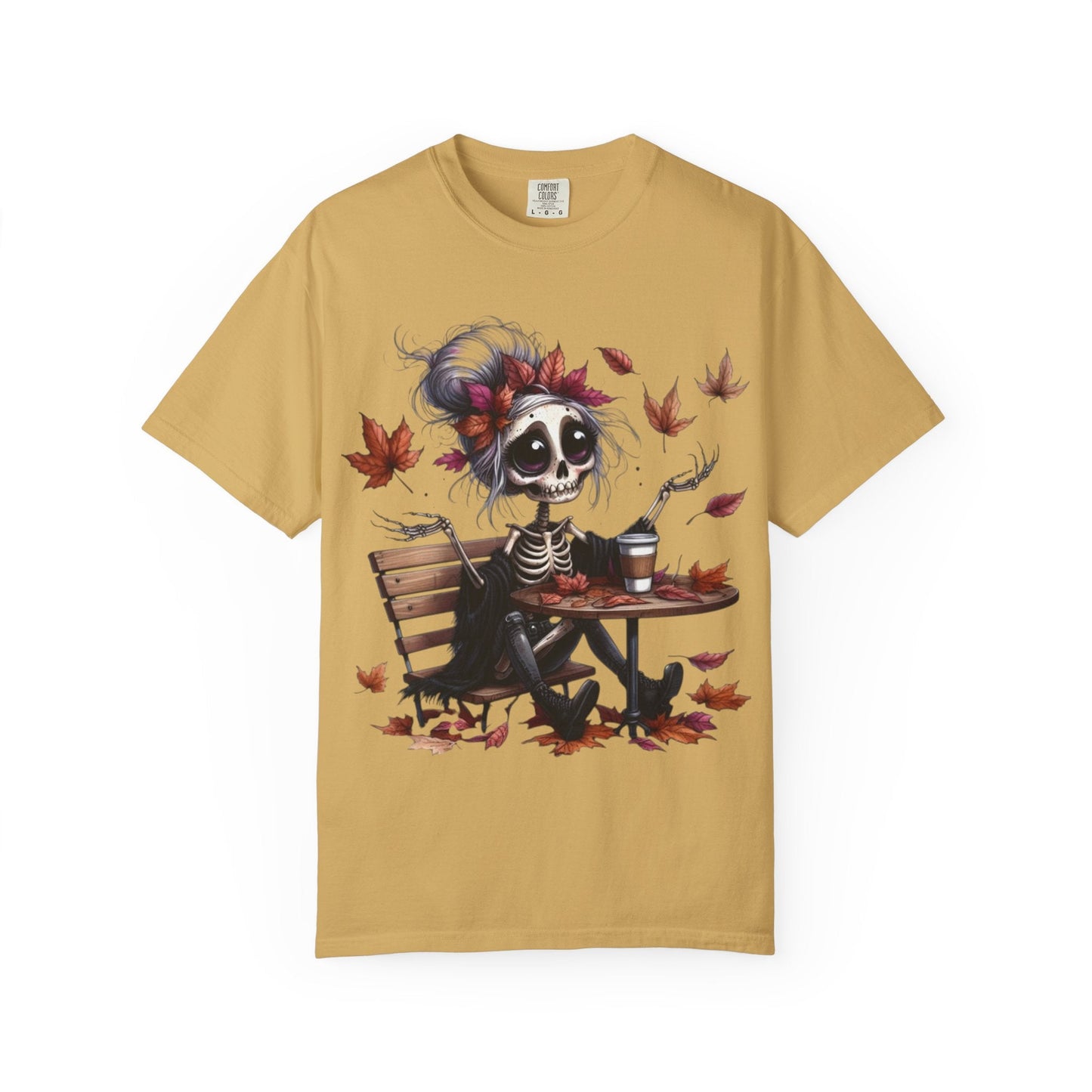Autumn Vibe Skeleton Tee, Unisex Garment - Dyed T-shirt, Halloween Shirt, Fall Apparel, Skull Graphic Tee, Everyday Casual Wear - Metamorphosis Creations