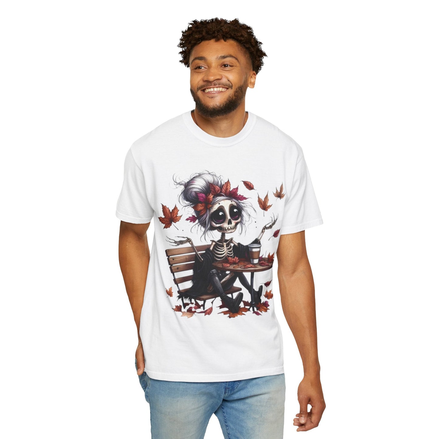 Autumn Vibe Skeleton Tee, Unisex Garment - Dyed T-shirt, Halloween Shirt, Fall Apparel, Skull Graphic Tee, Everyday Casual Wear - Metamorphosis Creations
