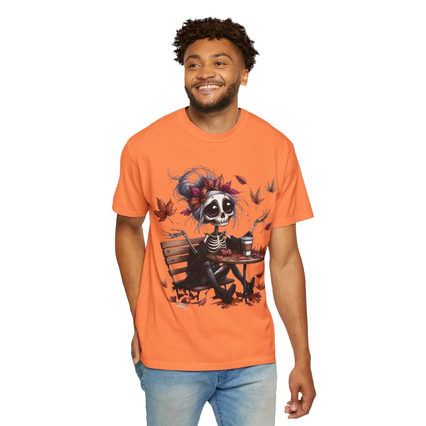Autumn Vibe Skeleton Tee, Unisex Garment - Dyed T-shirt, Halloween Shirt, Fall Apparel, Skull Graphic Tee, Everyday Casual Wear - Metamorphosis Creations