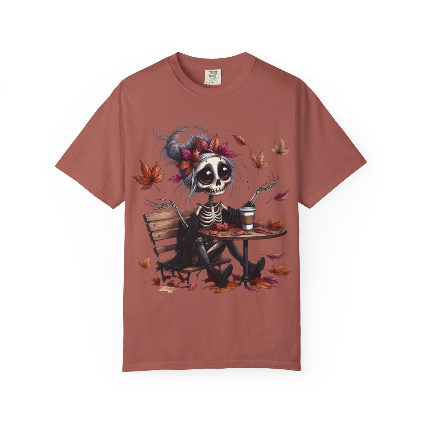 Autumn Vibe Skeleton Tee, Unisex Garment - Dyed T-shirt, Halloween Shirt, Fall Apparel, Skull Graphic Tee, Everyday Casual Wear - Metamorphosis Creations