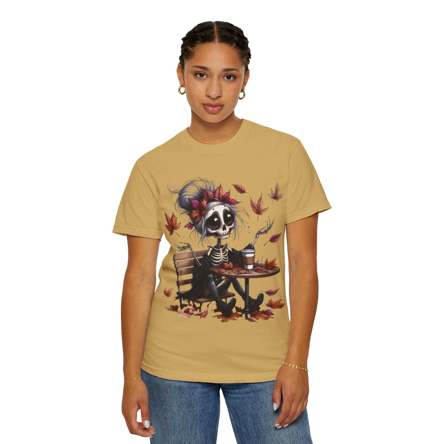 Autumn Vibe Skeleton Tee, Unisex Garment - Dyed T-shirt, Halloween Shirt, Fall Apparel, Skull Graphic Tee, Everyday Casual Wear - Metamorphosis Creations