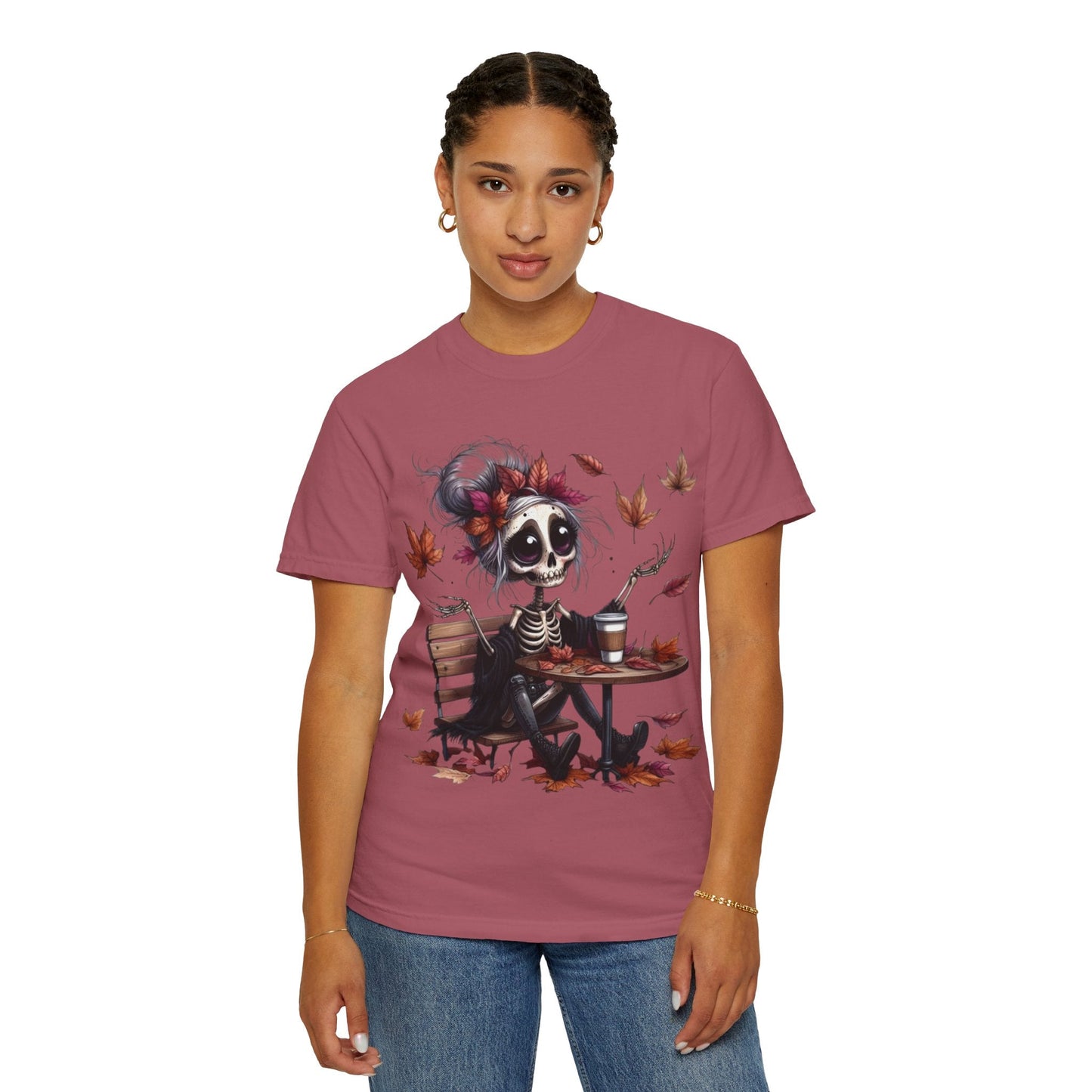Autumn Vibe Skeleton Tee, Unisex Garment - Dyed T-shirt, Halloween Shirt, Fall Apparel, Skull Graphic Tee, Everyday Casual Wear - Metamorphosis Creations