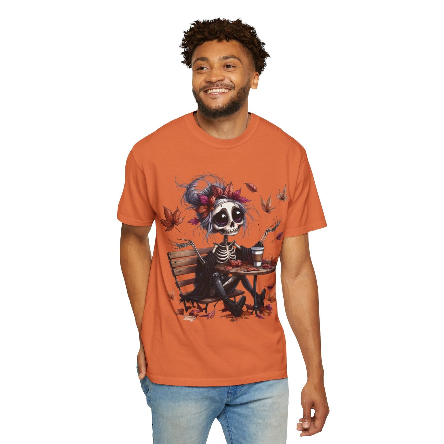 Autumn Vibe Skeleton Tee, Unisex Garment - Dyed T-shirt, Halloween Shirt, Fall Apparel, Skull Graphic Tee, Everyday Casual Wear - Metamorphosis Creations
