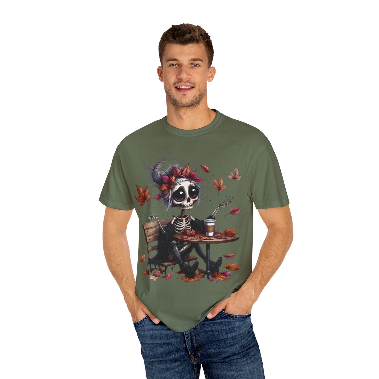 Autumn Vibe Skeleton Tee, Unisex Garment - Dyed T-shirt, Halloween Shirt, Fall Apparel, Skull Graphic Tee, Everyday Casual Wear - Metamorphosis Creations