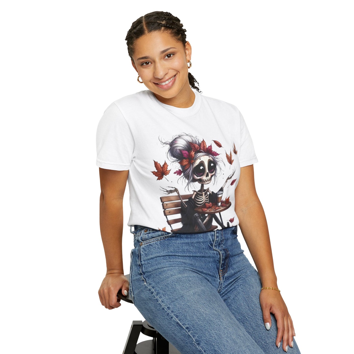 Autumn Vibe Skeleton Tee, Unisex Garment - Dyed T-shirt, Halloween Shirt, Fall Apparel, Skull Graphic Tee, Everyday Casual Wear - Metamorphosis Creations