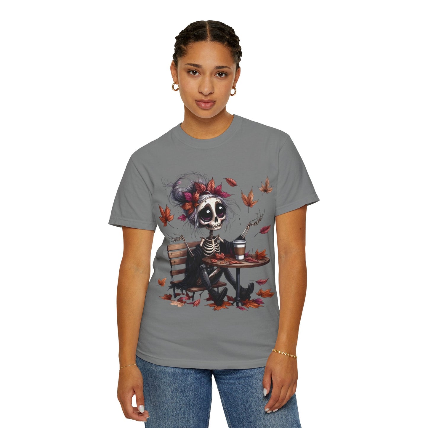 Autumn Vibe Skeleton Tee, Unisex Garment - Dyed T-shirt, Halloween Shirt, Fall Apparel, Skull Graphic Tee, Everyday Casual Wear - Metamorphosis Creations