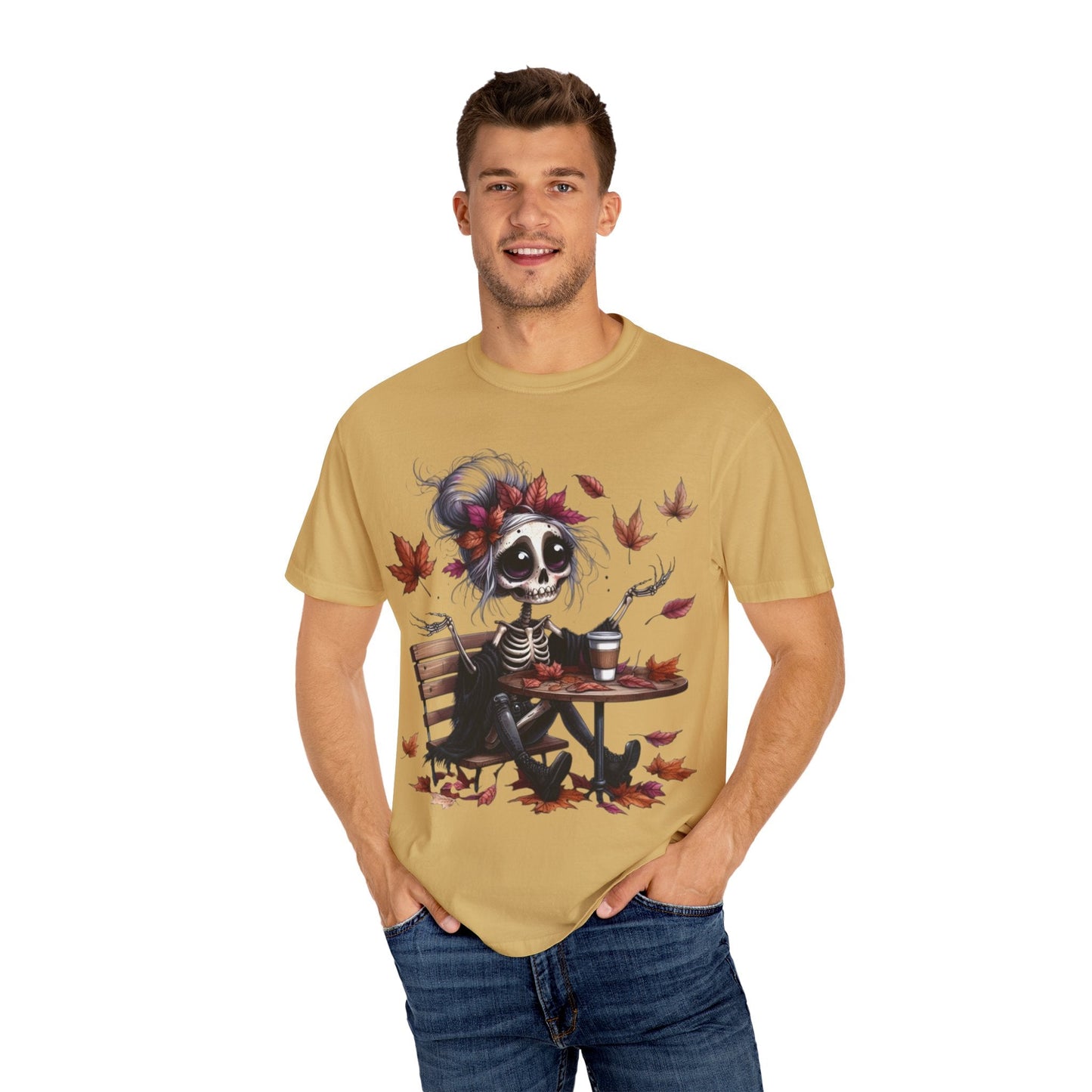 Autumn Vibe Skeleton Tee, Unisex Garment - Dyed T-shirt, Halloween Shirt, Fall Apparel, Skull Graphic Tee, Everyday Casual Wear - Metamorphosis Creations