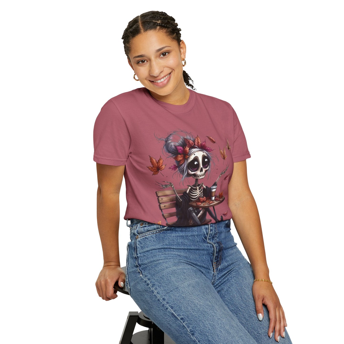 Autumn Vibe Skeleton Tee, Unisex Garment - Dyed T-shirt, Halloween Shirt, Fall Apparel, Skull Graphic Tee, Everyday Casual Wear - Metamorphosis Creations