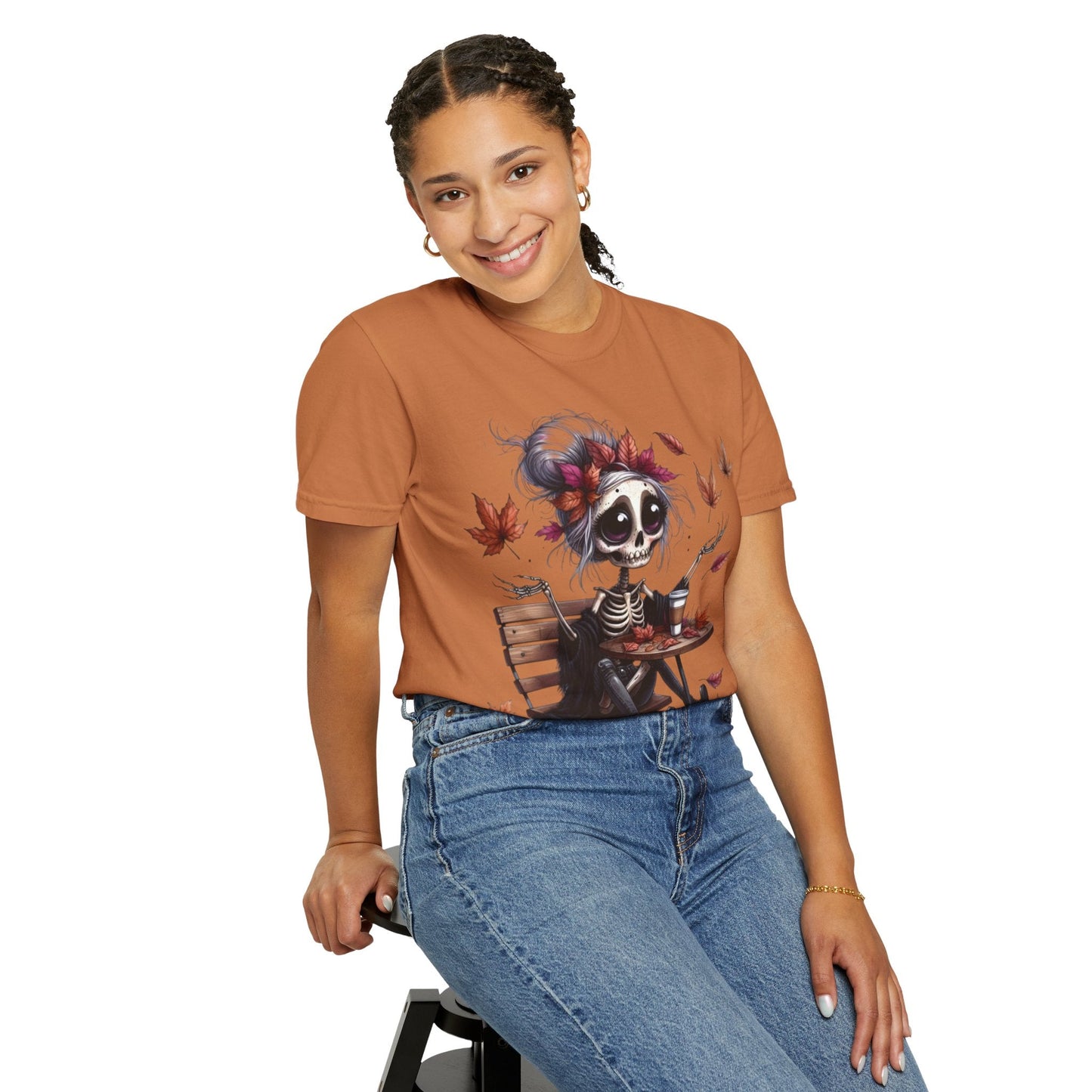 Autumn Vibe Skeleton Tee, Unisex Garment - Dyed T-shirt, Halloween Shirt, Fall Apparel, Skull Graphic Tee, Everyday Casual Wear - Metamorphosis Creations