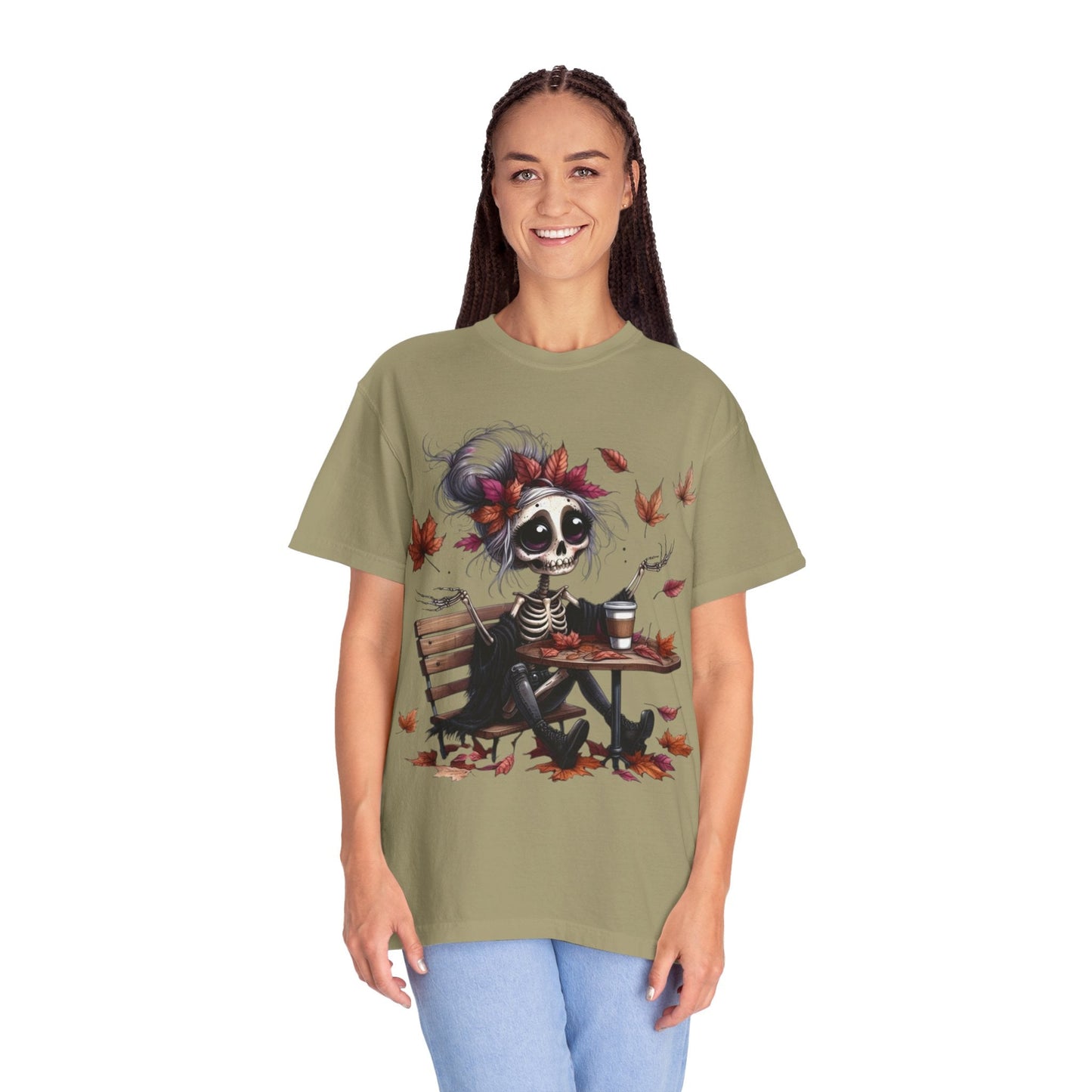 Autumn Vibe Skeleton Tee, Unisex Garment - Dyed T-shirt, Halloween Shirt, Fall Apparel, Skull Graphic Tee, Everyday Casual Wear - Metamorphosis Creations