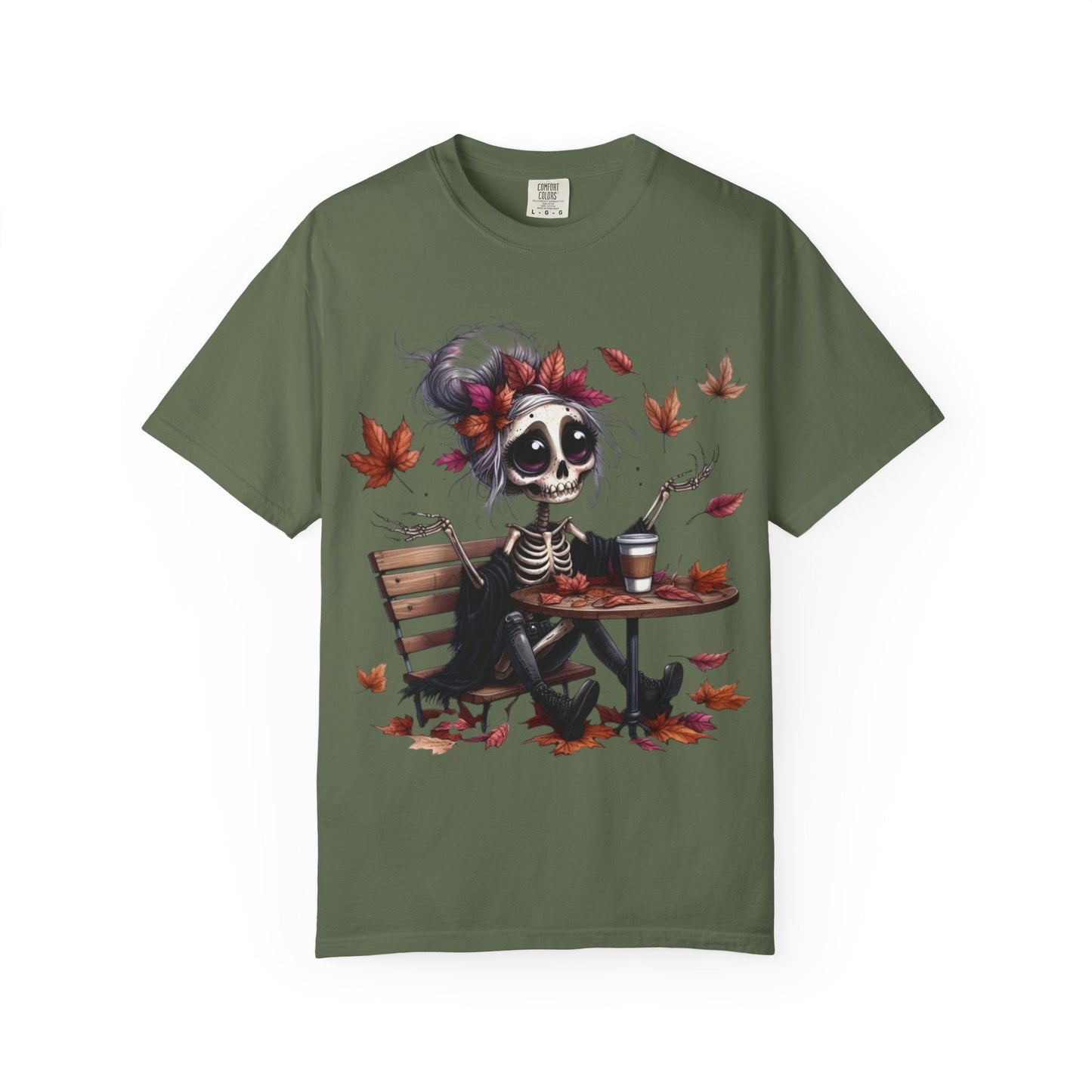 Autumn Vibe Skeleton Tee, Unisex Garment - Dyed T-shirt, Halloween Shirt, Fall Apparel, Skull Graphic Tee, Everyday Casual Wear - Metamorphosis Creations