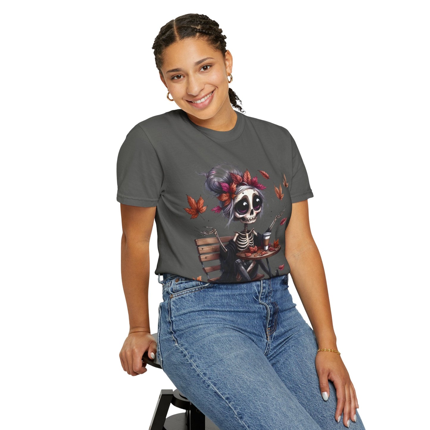 Autumn Vibe Skeleton Tee, Unisex Garment - Dyed T-shirt, Halloween Shirt, Fall Apparel, Skull Graphic Tee, Everyday Casual Wear - Metamorphosis Creations