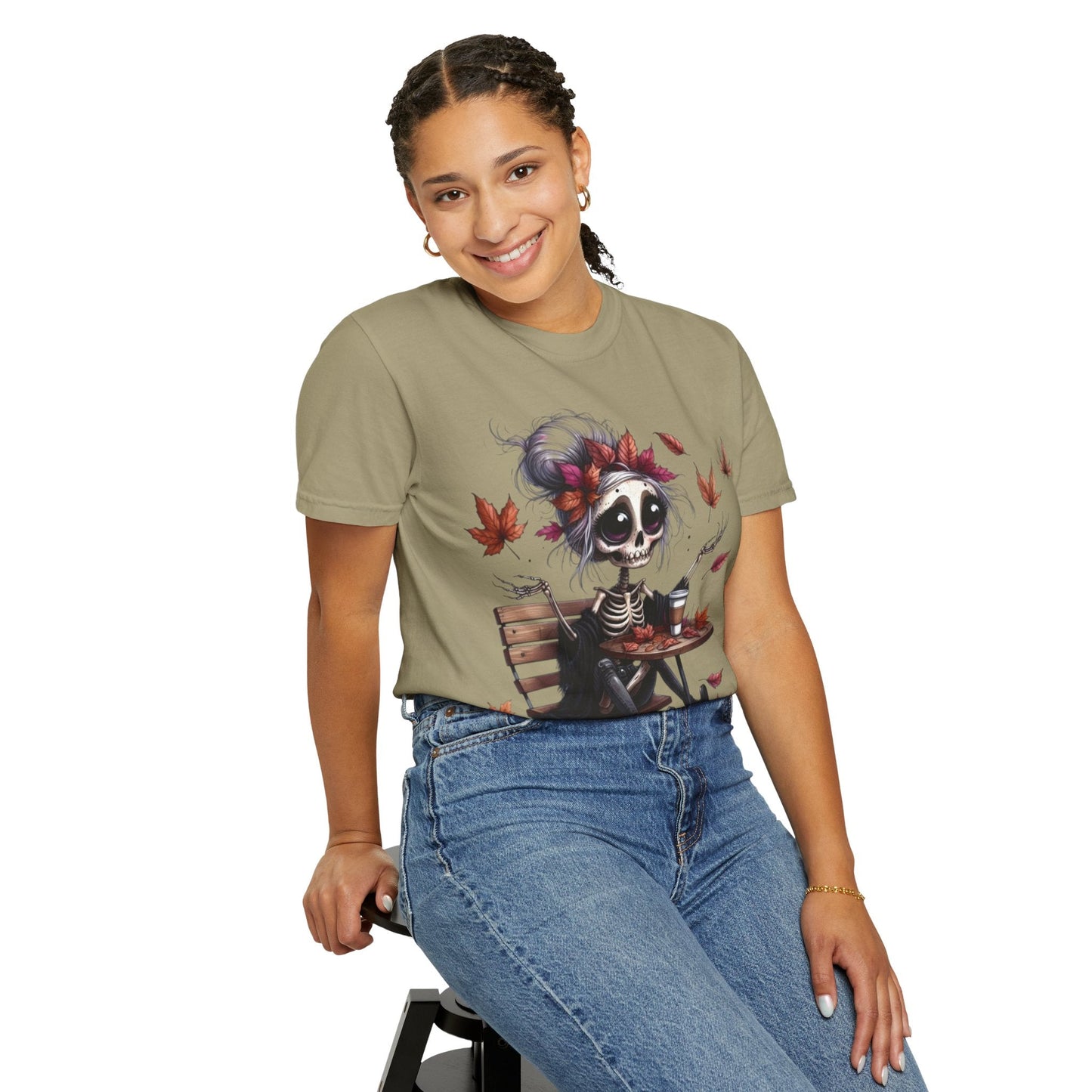 Autumn Vibe Skeleton Tee, Unisex Garment - Dyed T-shirt, Halloween Shirt, Fall Apparel, Skull Graphic Tee, Everyday Casual Wear - Metamorphosis Creations