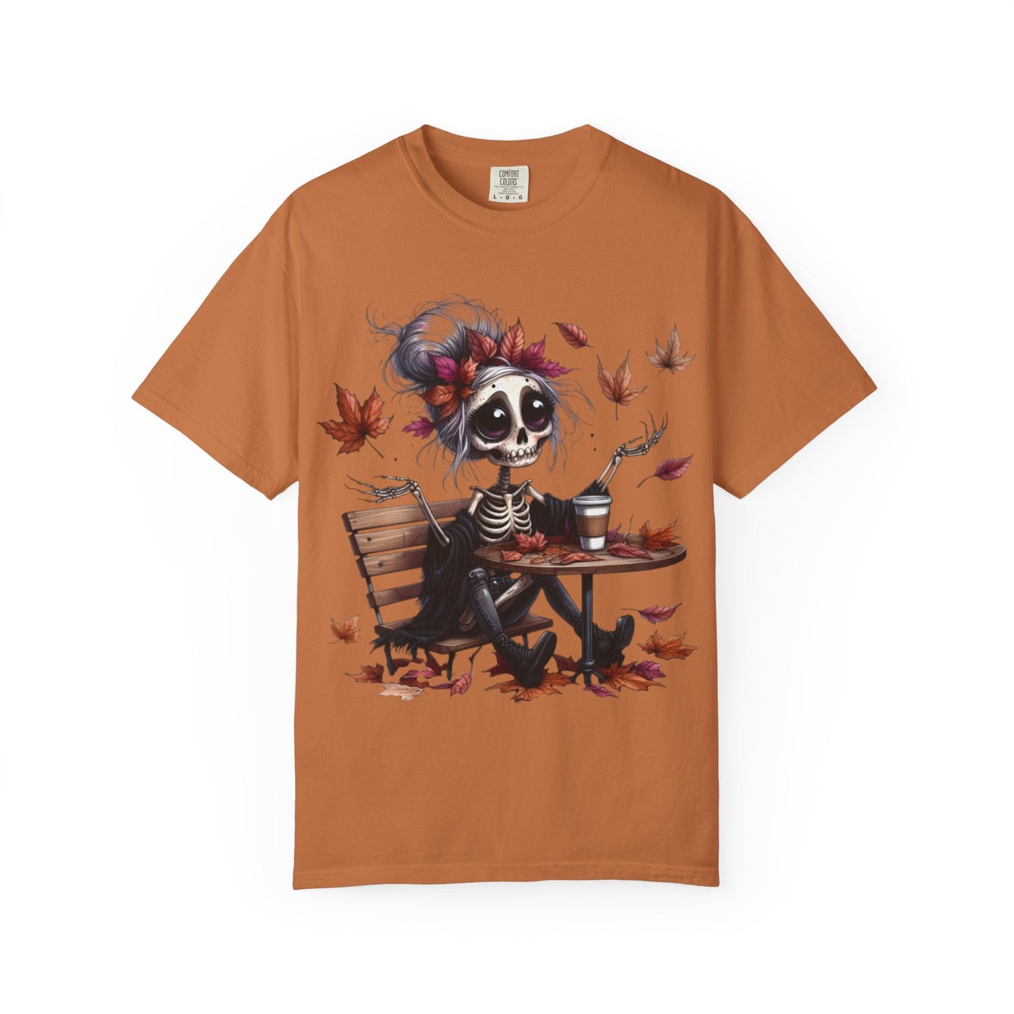 Autumn Vibe Skeleton Tee, Unisex Garment - Dyed T-shirt, Halloween Shirt, Fall Apparel, Skull Graphic Tee, Everyday Casual Wear - Metamorphosis Creations