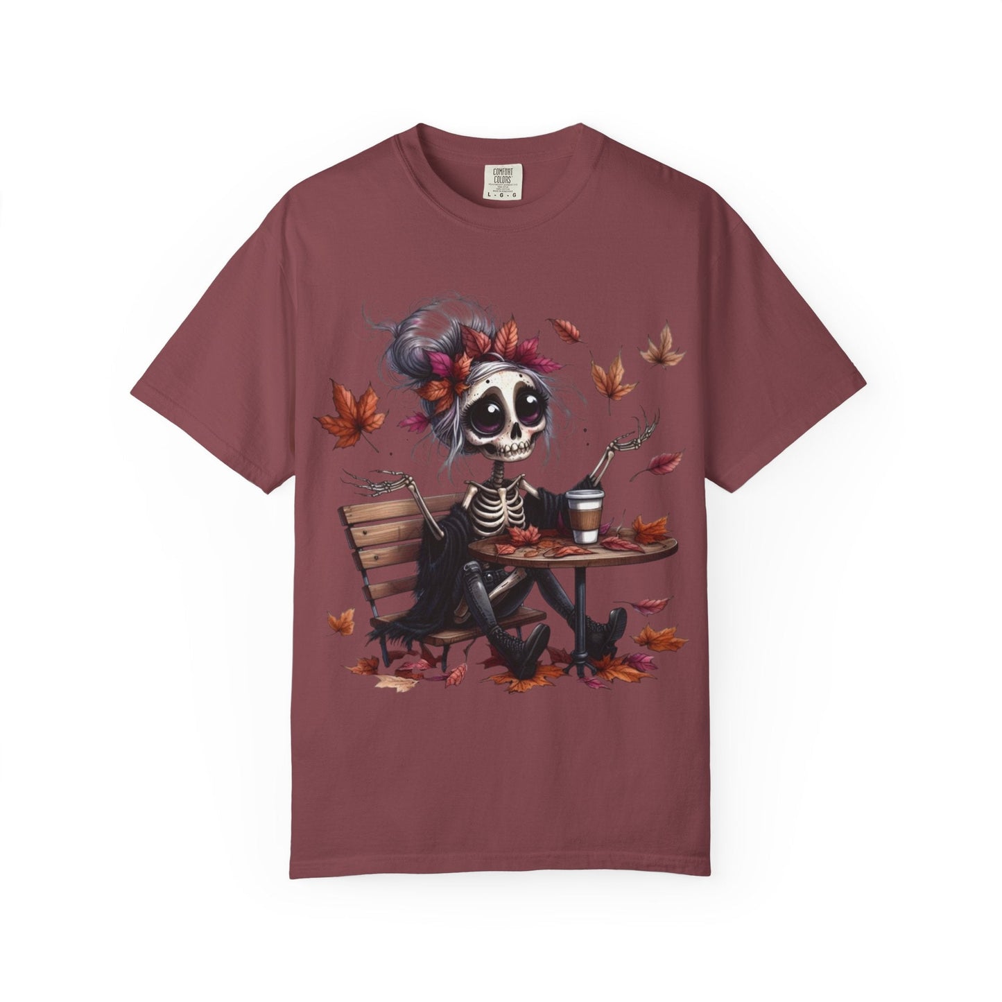 Autumn Vibe Skeleton Tee, Unisex Garment - Dyed T-shirt, Halloween Shirt, Fall Apparel, Skull Graphic Tee, Everyday Casual Wear - Metamorphosis Creations