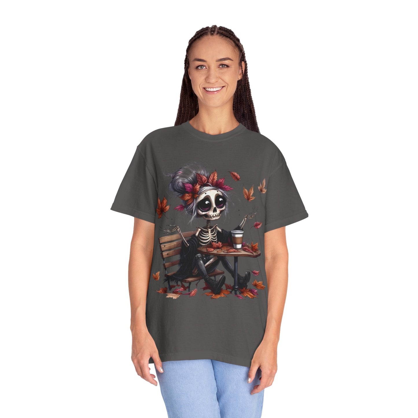 Autumn Vibe Skeleton Tee, Unisex Garment - Dyed T-shirt, Halloween Shirt, Fall Apparel, Skull Graphic Tee, Everyday Casual Wear - Metamorphosis Creations