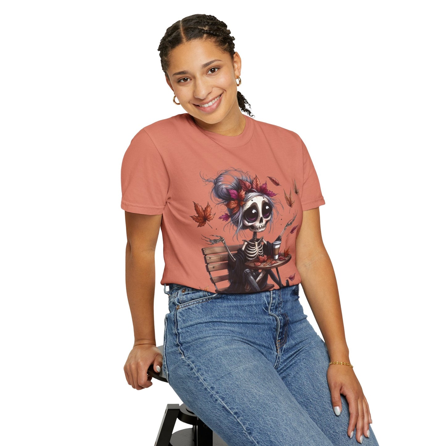 Autumn Vibe Skeleton Tee, Unisex Garment - Dyed T-shirt, Halloween Shirt, Fall Apparel, Skull Graphic Tee, Everyday Casual Wear - Metamorphosis Creations