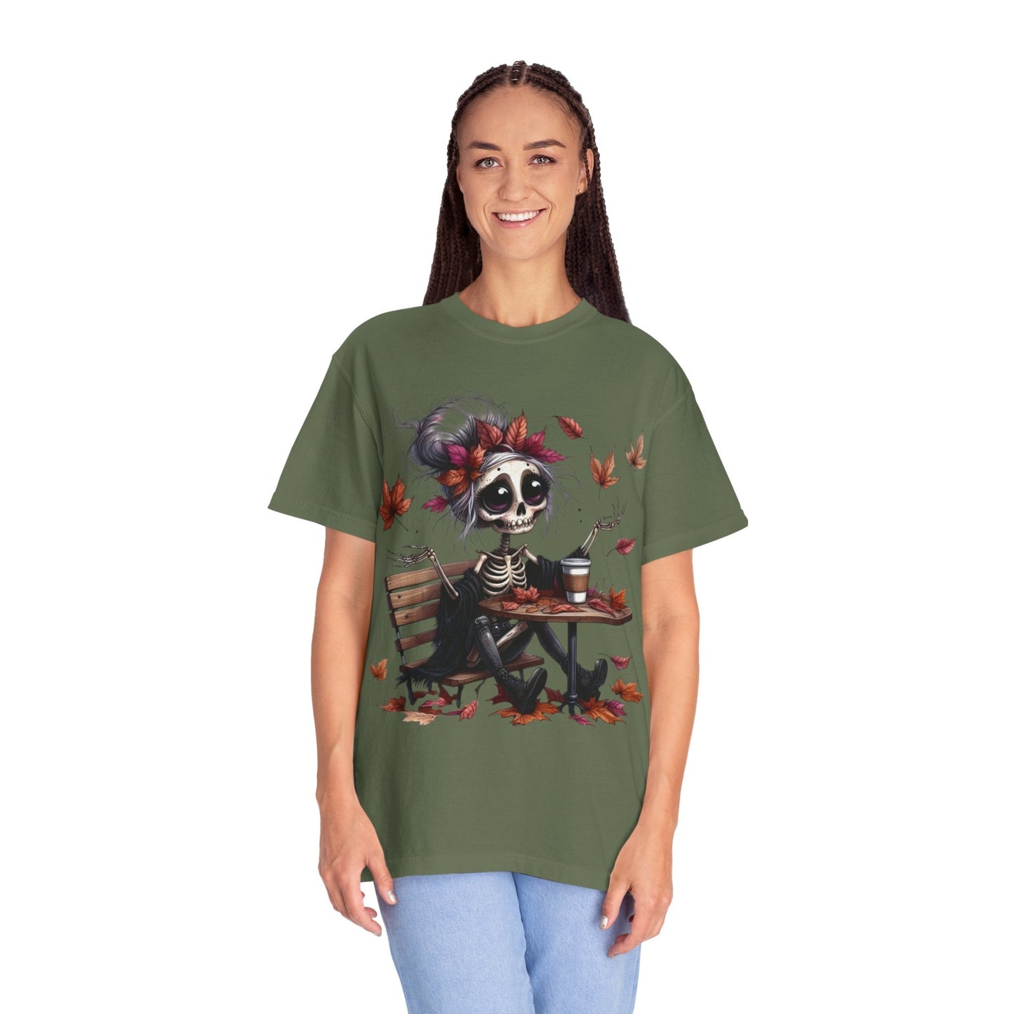 Autumn Vibe Skeleton Tee, Unisex Garment - Dyed T-shirt, Halloween Shirt, Fall Apparel, Skull Graphic Tee, Everyday Casual Wear - Metamorphosis Creations