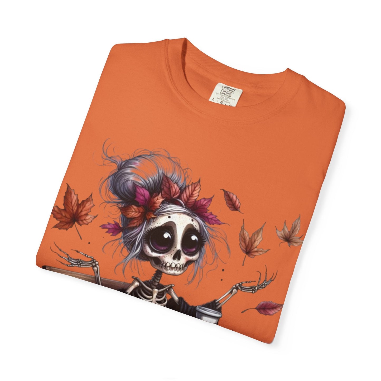Autumn Vibe Skeleton Tee, Unisex Garment - Dyed T-shirt, Halloween Shirt, Fall Apparel, Skull Graphic Tee, Everyday Casual Wear - Metamorphosis Creations