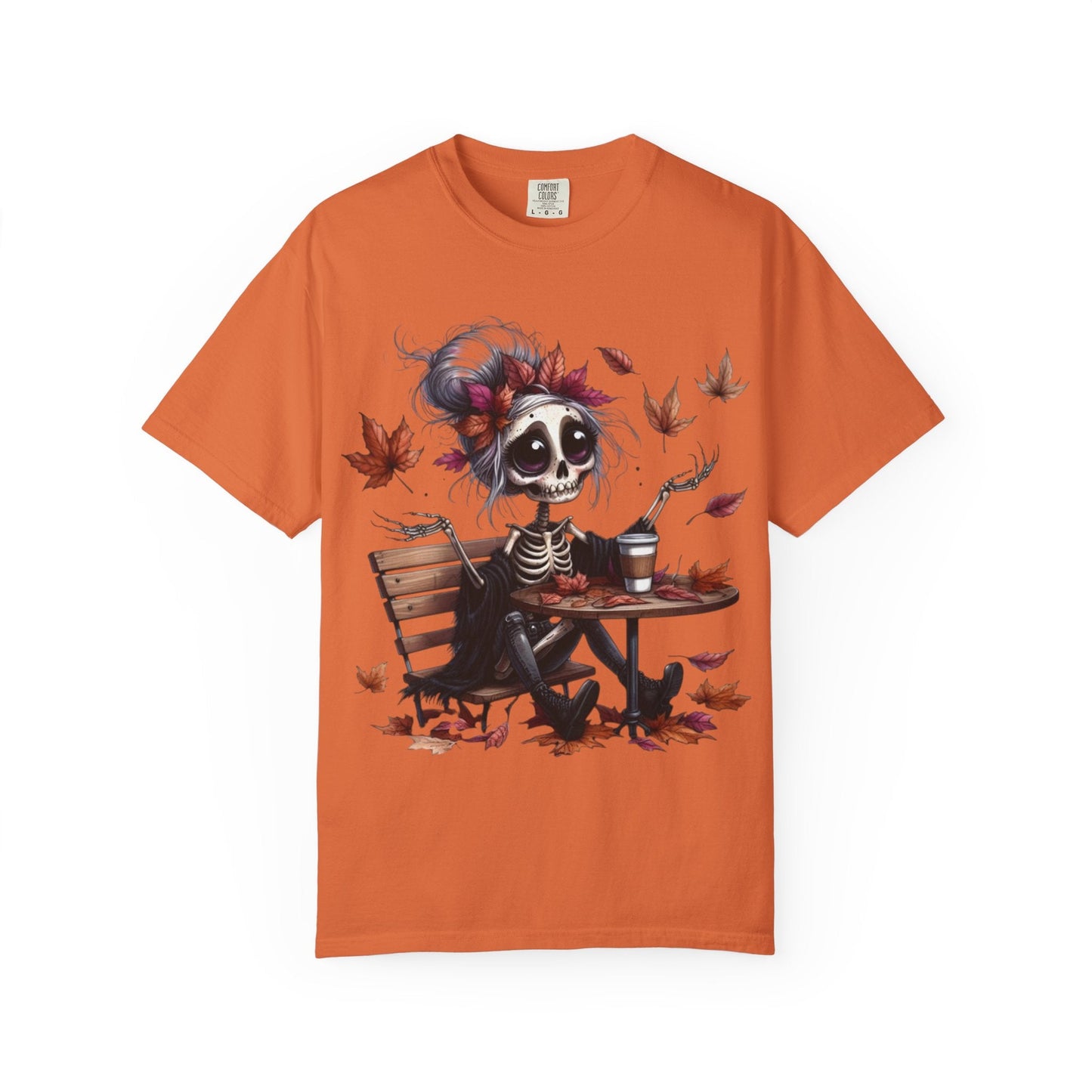 Autumn Vibe Skeleton Tee, Unisex Garment - Dyed T-shirt, Halloween Shirt, Fall Apparel, Skull Graphic Tee, Everyday Casual Wear - Metamorphosis Creations
