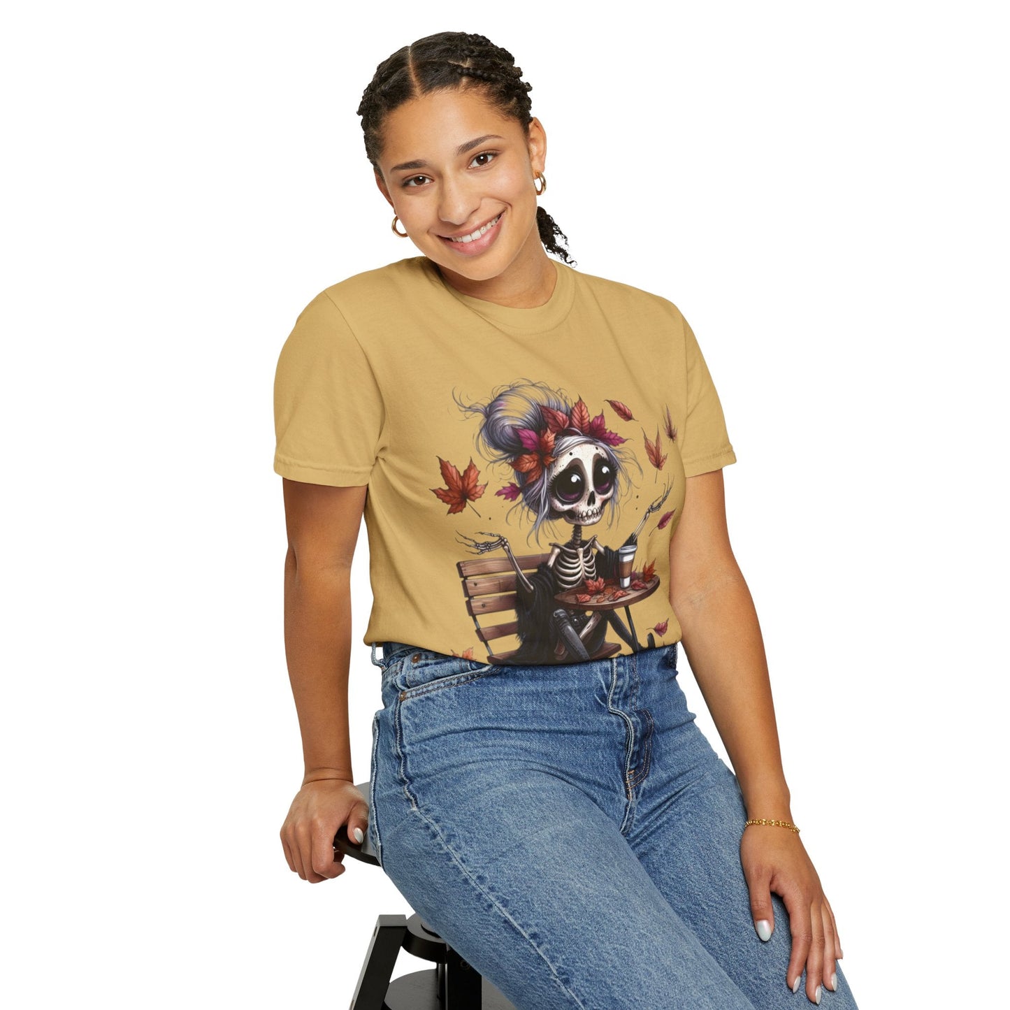 Autumn Vibe Skeleton Tee, Unisex Garment - Dyed T-shirt, Halloween Shirt, Fall Apparel, Skull Graphic Tee, Everyday Casual Wear - Metamorphosis Creations