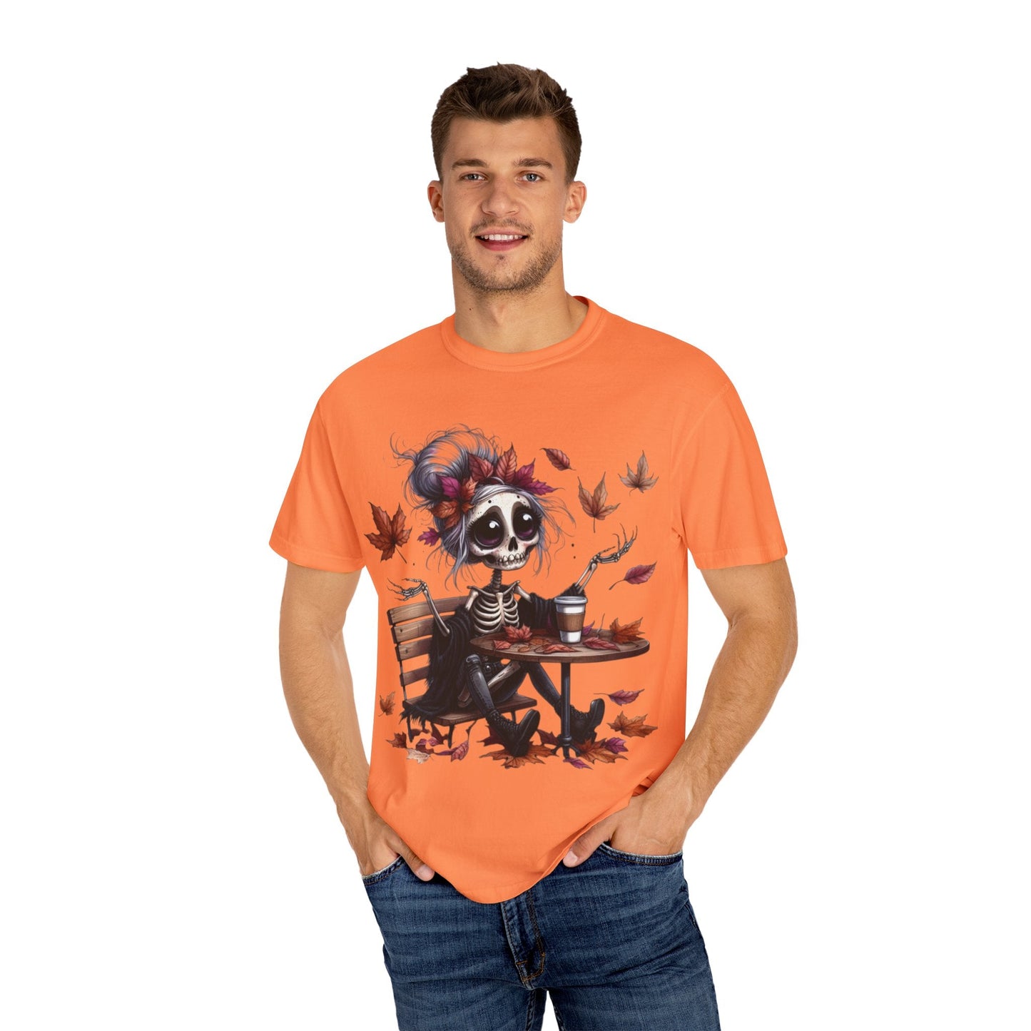 Autumn Vibe Skeleton Tee, Unisex Garment - Dyed T-shirt, Halloween Shirt, Fall Apparel, Skull Graphic Tee, Everyday Casual Wear - Metamorphosis Creations