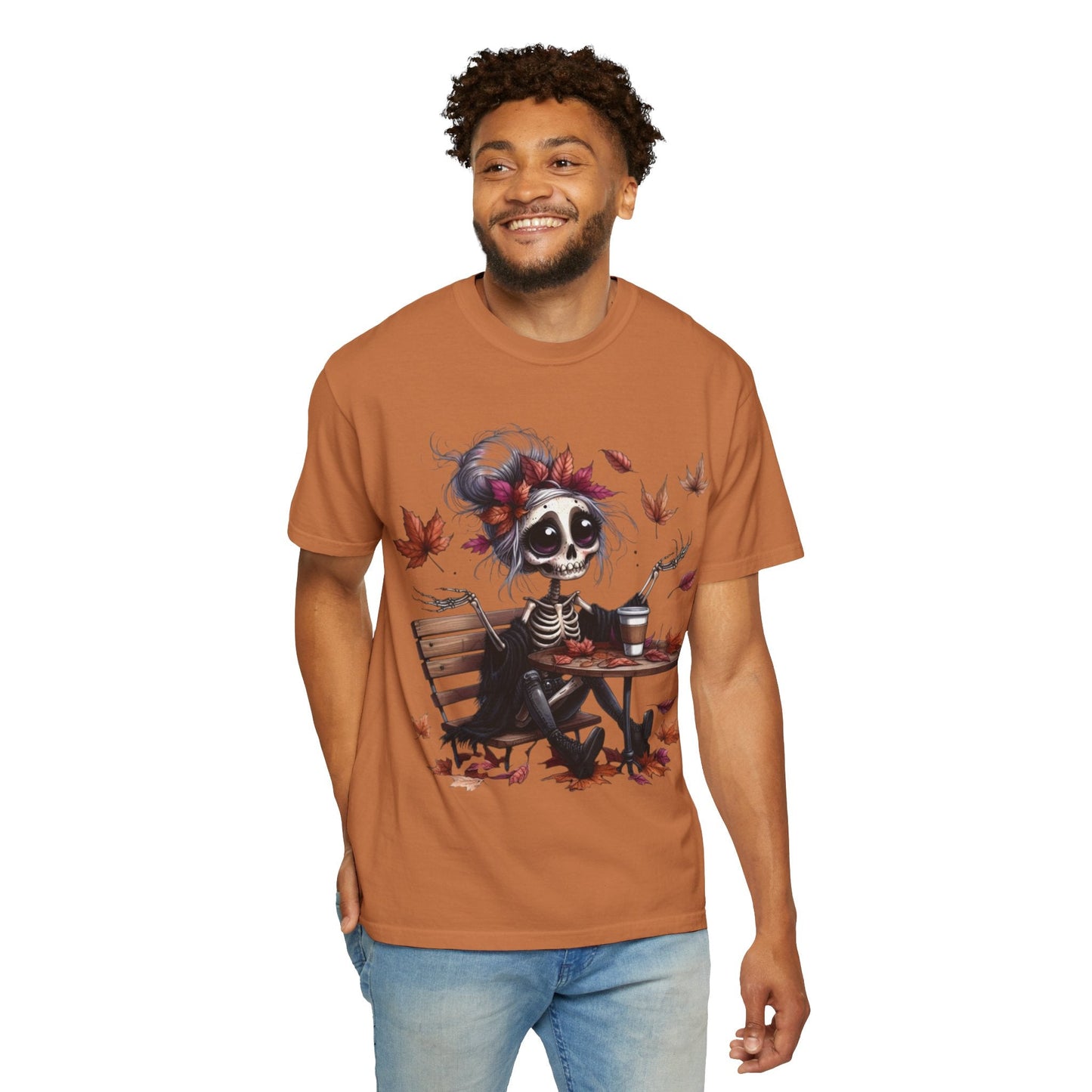 Autumn Vibe Skeleton Tee, Unisex Garment - Dyed T-shirt, Halloween Shirt, Fall Apparel, Skull Graphic Tee, Everyday Casual Wear - Metamorphosis Creations