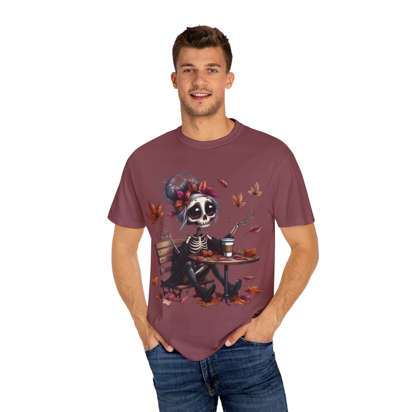 Autumn Vibe Skeleton Tee, Unisex Garment - Dyed T-shirt, Halloween Shirt, Fall Apparel, Skull Graphic Tee, Everyday Casual Wear - Metamorphosis Creations