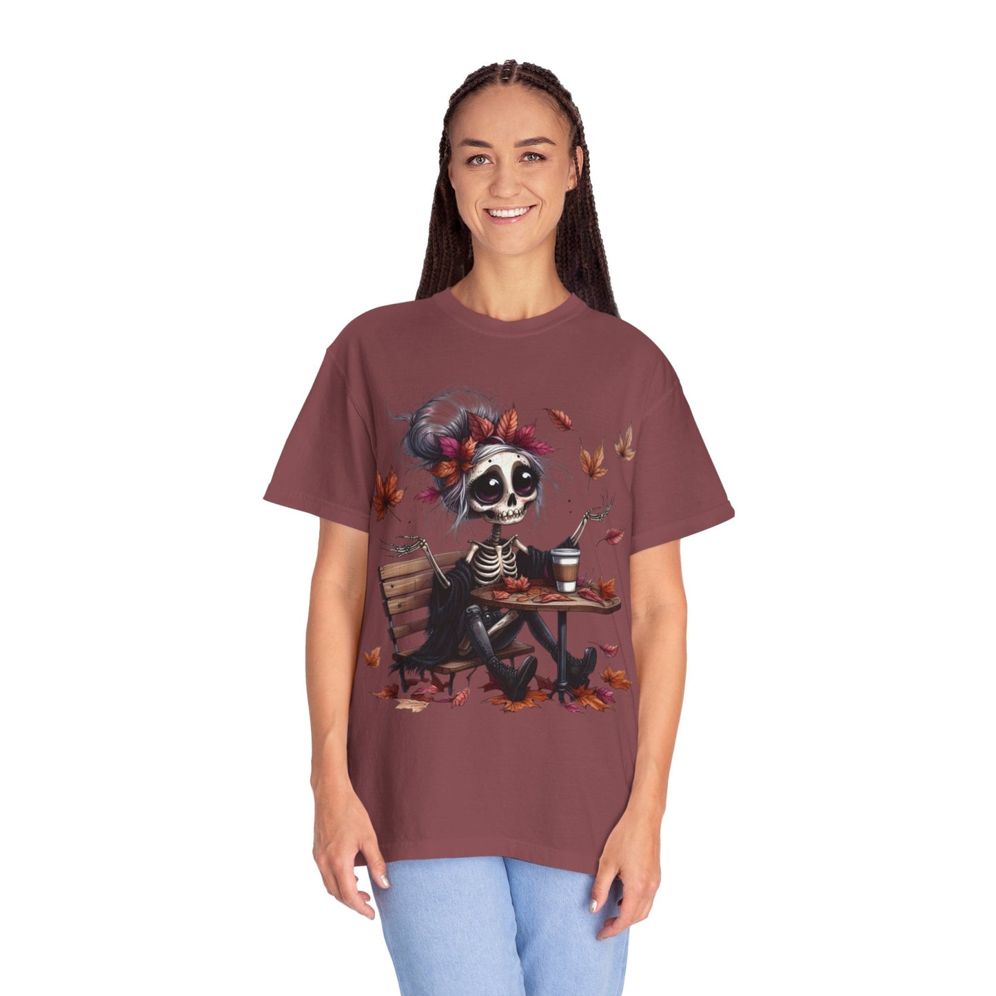 Autumn Vibe Skeleton Tee, Unisex Garment - Dyed T-shirt, Halloween Shirt, Fall Apparel, Skull Graphic Tee, Everyday Casual Wear - Metamorphosis Creations