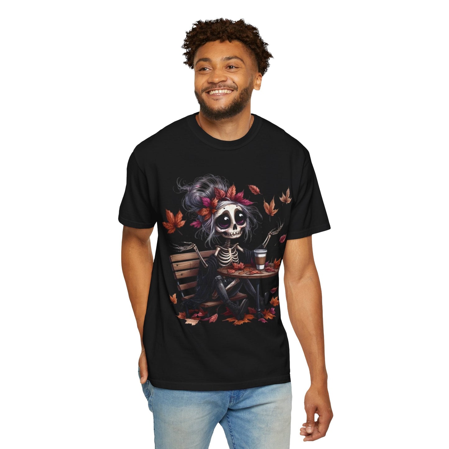 Autumn Vibe Skeleton Tee, Unisex Garment - Dyed T-shirt, Halloween Shirt, Fall Apparel, Skull Graphic Tee, Everyday Casual Wear - Metamorphosis Creations
