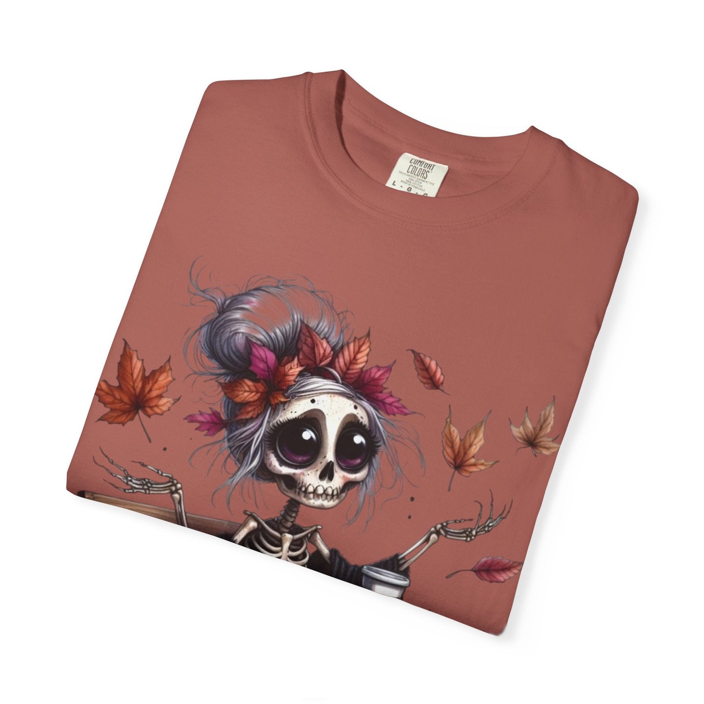 Autumn Vibe Skeleton Tee, Unisex Garment - Dyed T-shirt, Halloween Shirt, Fall Apparel, Skull Graphic Tee, Everyday Casual Wear - Metamorphosis Creations
