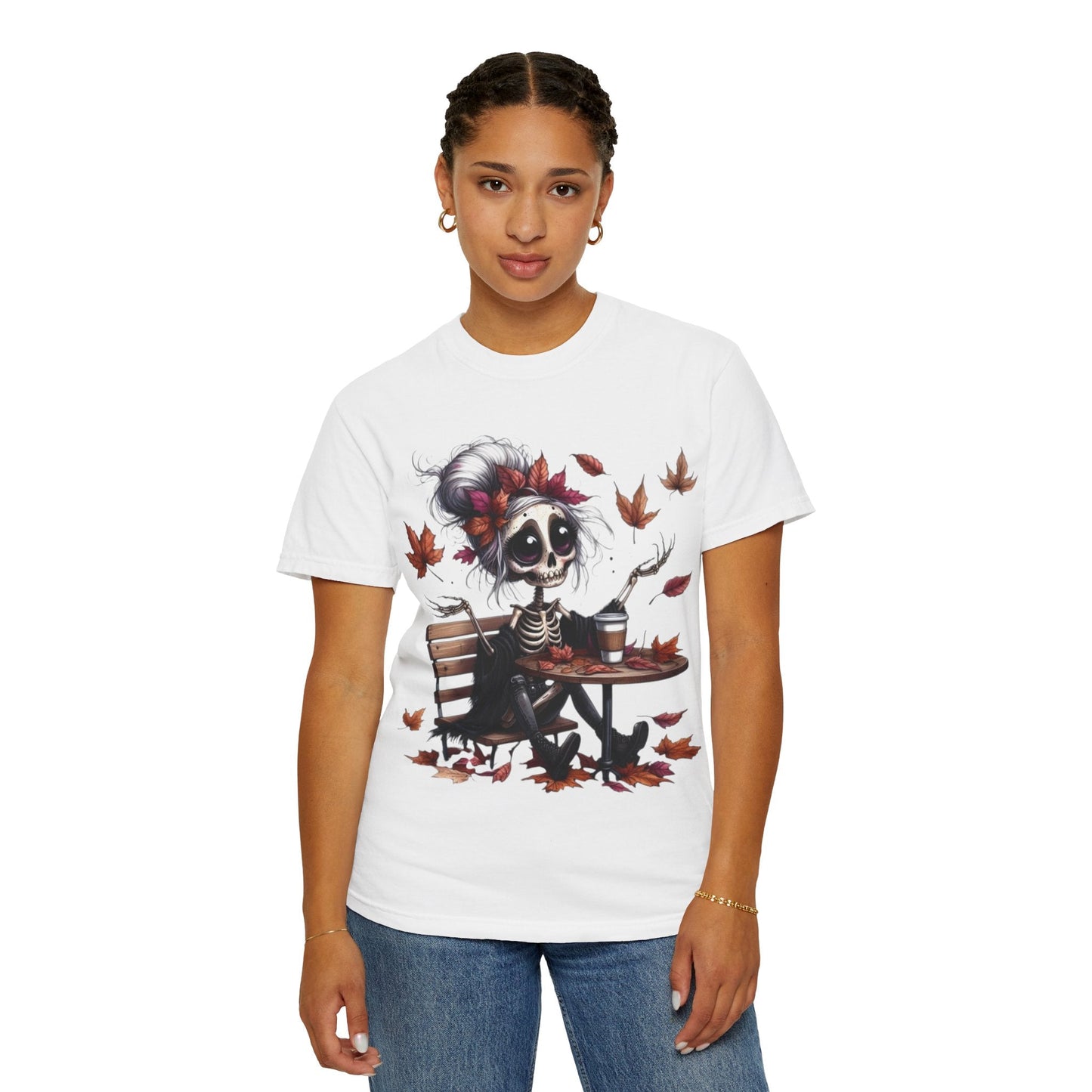 Autumn Vibe Skeleton Tee, Unisex Garment - Dyed T-shirt, Halloween Shirt, Fall Apparel, Skull Graphic Tee, Everyday Casual Wear - Metamorphosis Creations