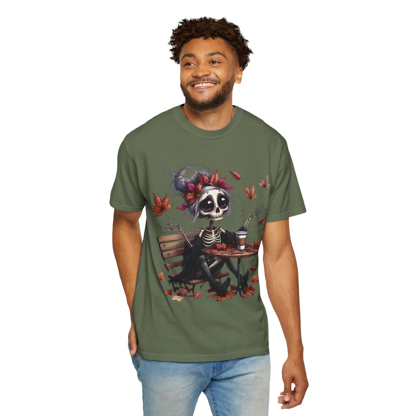 Autumn Vibe Skeleton Tee, Unisex Garment - Dyed T-shirt, Halloween Shirt, Fall Apparel, Skull Graphic Tee, Everyday Casual Wear - Metamorphosis Creations