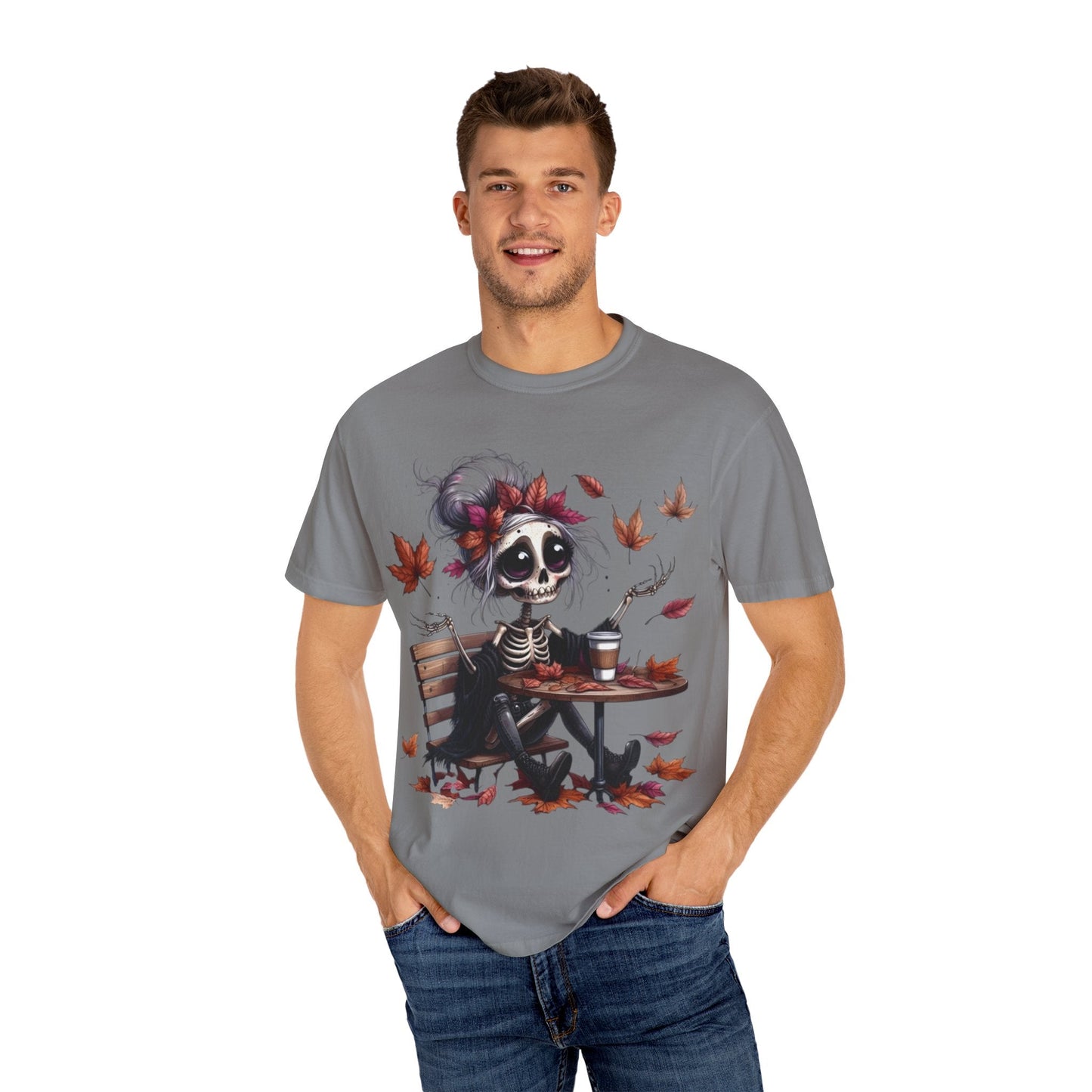 Autumn Vibe Skeleton Tee, Unisex Garment - Dyed T-shirt, Halloween Shirt, Fall Apparel, Skull Graphic Tee, Everyday Casual Wear - Metamorphosis Creations