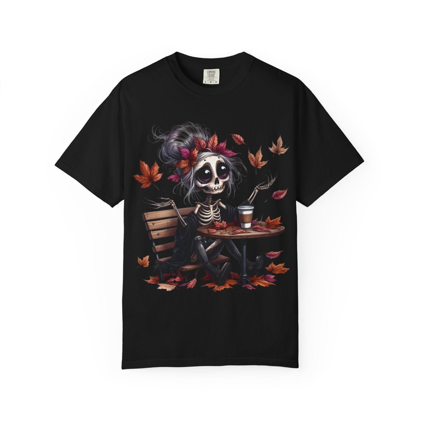 Autumn Vibe Skeleton Tee, Unisex Garment - Dyed T-shirt, Halloween Shirt, Fall Apparel, Skull Graphic Tee, Everyday Casual Wear - Metamorphosis Creations