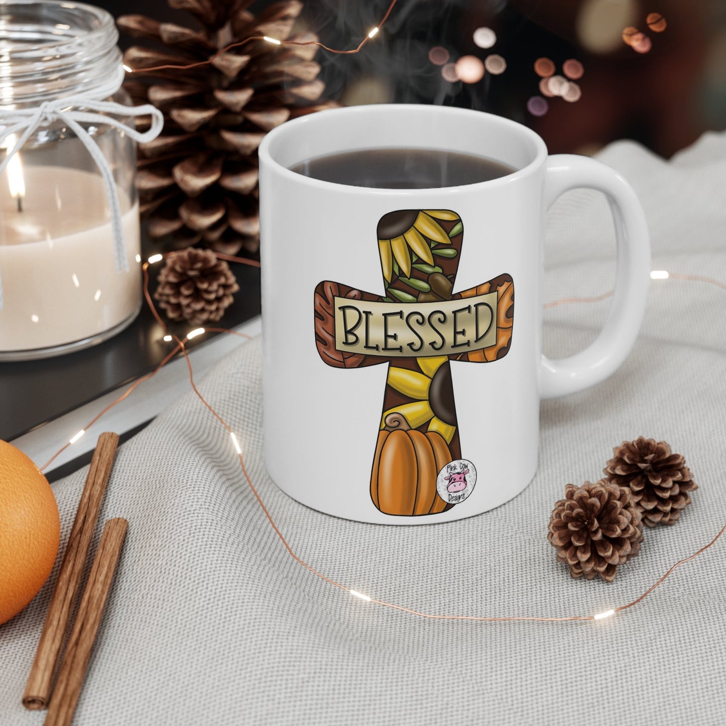 Blessed Fall Themed Mug, Perfect Gift for Thanksgiving, Christian Decor, Cozy Home Vibes, Cross Design, Pumpkin Lover's Mug - Metamorphosis Creations