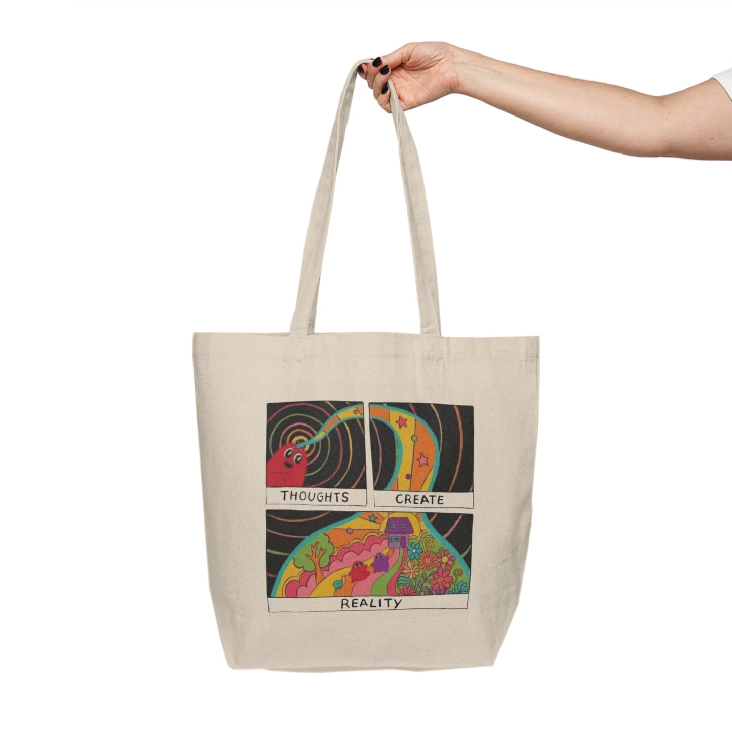 Carry Positivity Everywhere You Go Thoughts Create Reality Tote Bag, Eco - Friendly Shopping Tote, Motivational Canvas Bag, Reusable Grocery Tote, Gift for Mindfulness Lovers - Metamorphosis Creations