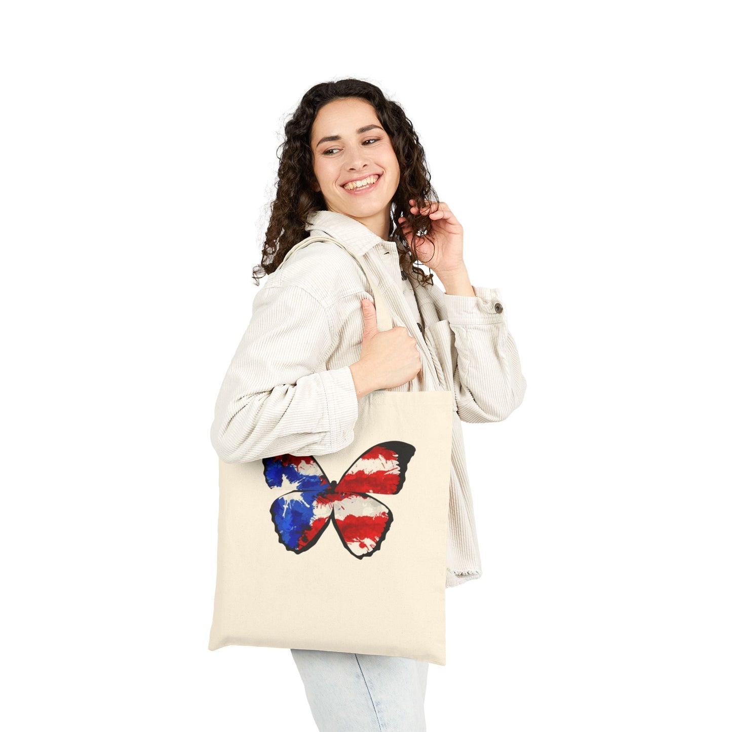 Carry Your Culture – Puerto Rican Pride in Every Step Patriotic Butterfly Cotton Canvas Tote Bag: Eco - Friendly Grocery, Beach, School, or Gift Bag, USA Flag Design - Metamorphosis Creations