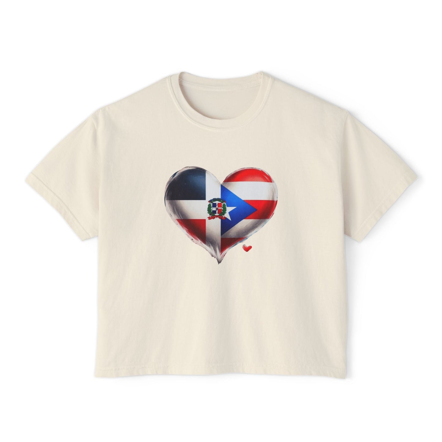 DomiRikan Heart Women’s Boxy Tee – Boricua & Dominicana Pride Shirt, Vintage Fit, Festival Gift Top - Metamorphosis Creations