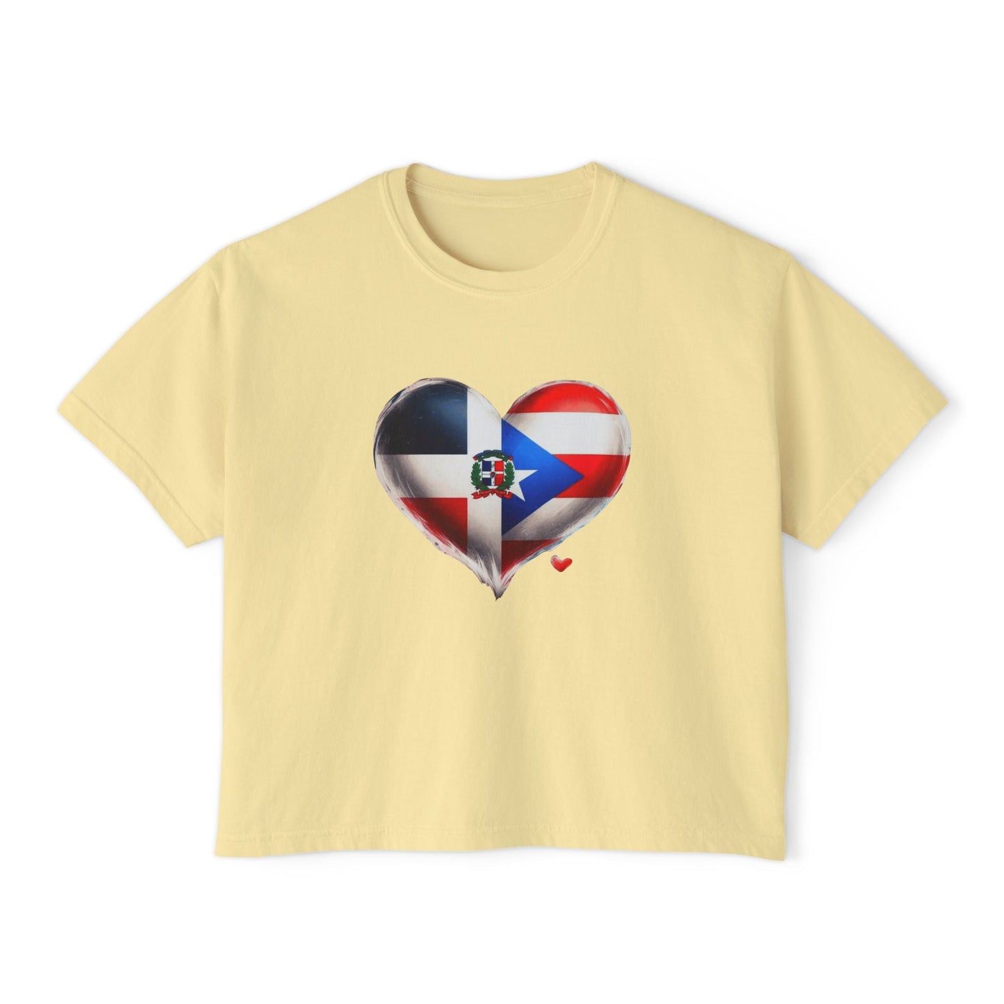 DomiRikan Heart Women’s Boxy Tee – Boricua & Dominicana Pride Shirt, Vintage Fit, Festival Gift Top - Metamorphosis Creations