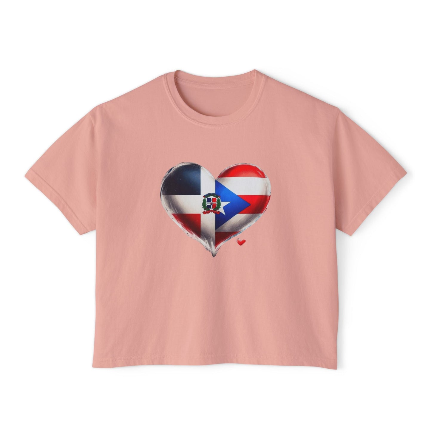 DomiRikan Heart Women’s Boxy Tee – Boricua & Dominicana Pride Shirt, Vintage Fit, Festival Gift Top - Metamorphosis Creations