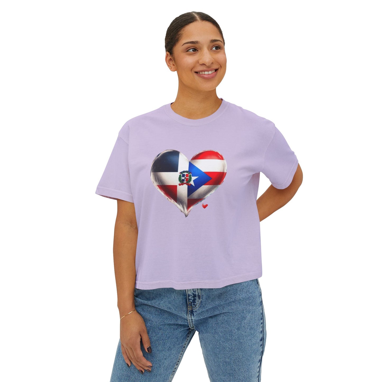 DomiRikan Heart Women’s Boxy Tee – Boricua & Dominicana Pride Shirt, Vintage Fit, Festival Gift Top - Metamorphosis Creations
